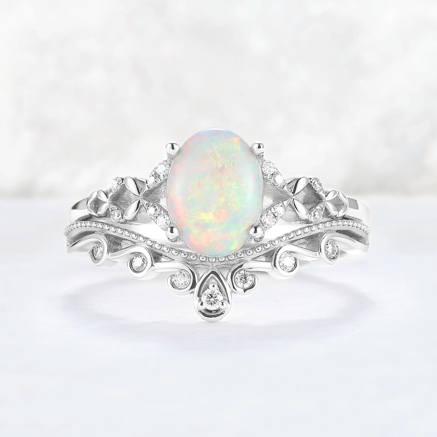 Nature Inspired Oval Natural Opal Ring Set 2pcs