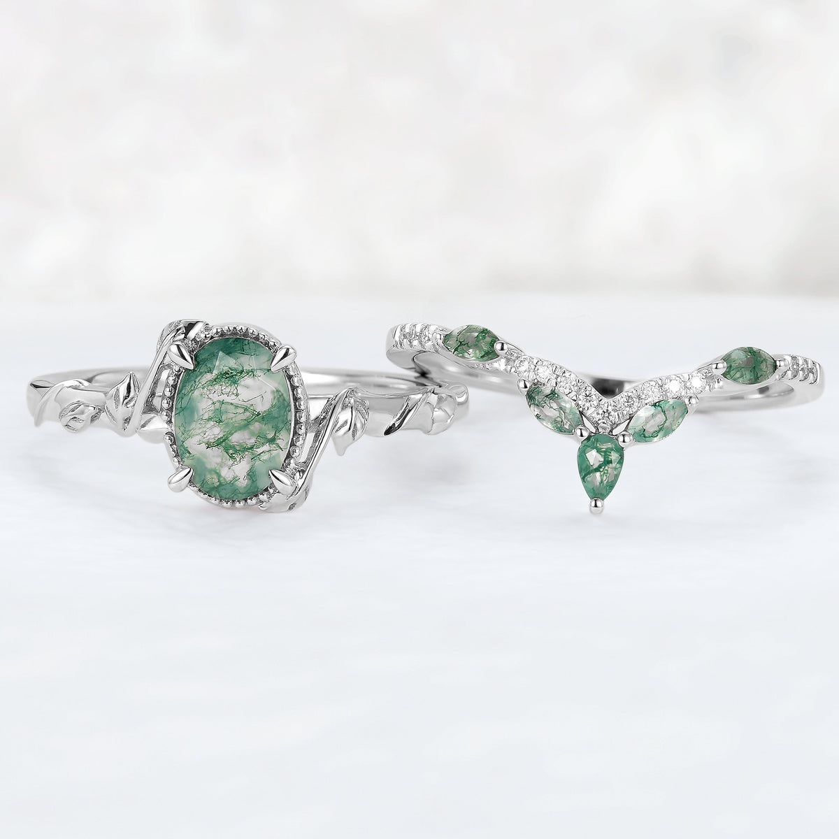 Nature Inspired Oval Shaped Moss Agate Leaf Silver Ring Set 2pcs