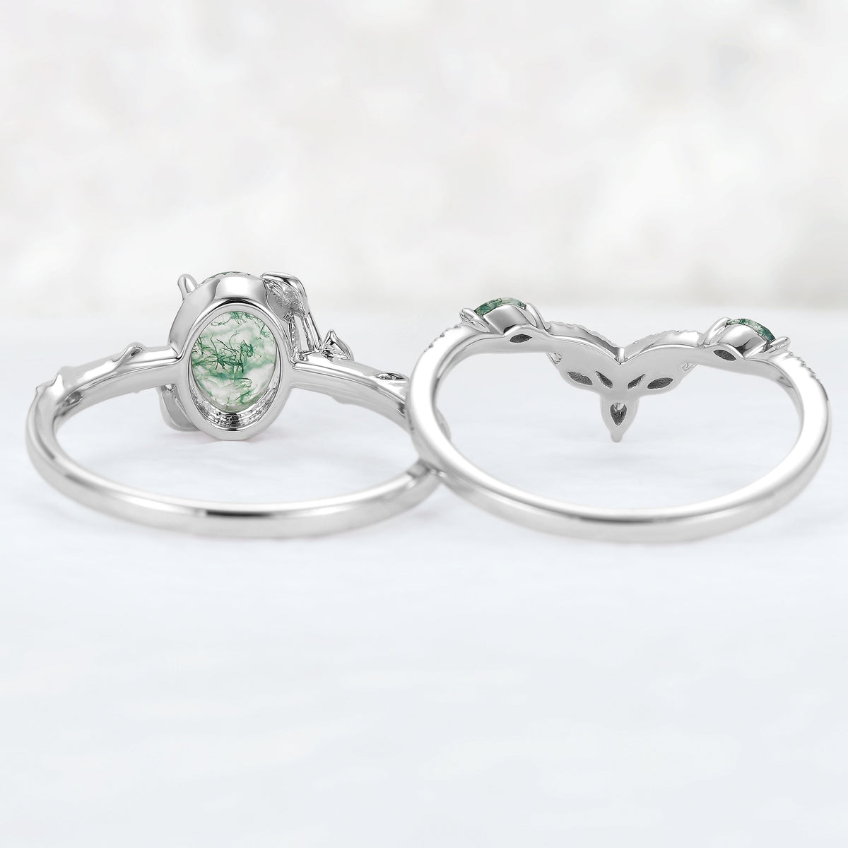 Nature Inspired Oval Shaped Moss Agate Leaf Silver Ring Set 2pcs