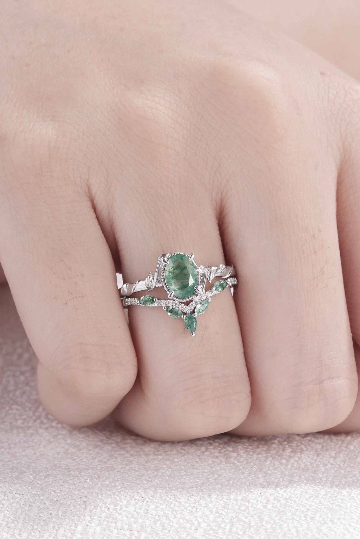 Nature Inspired Oval Shaped Moss Agate Leaf Silver Ring Set 2pcs