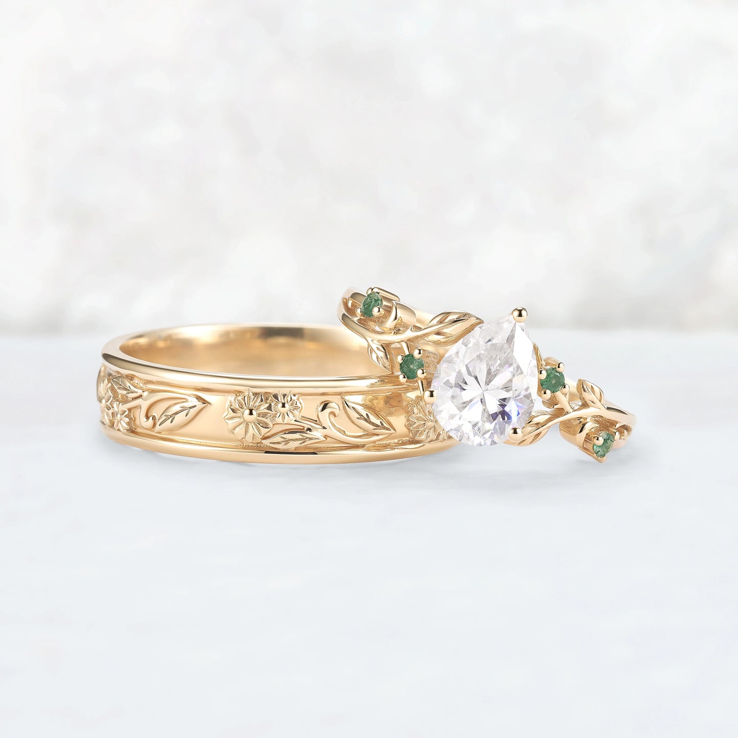 Nature Inspired Pear Cut Moissanite Couple Ring Set with Leaf & Flower Bands | Flora Garden
