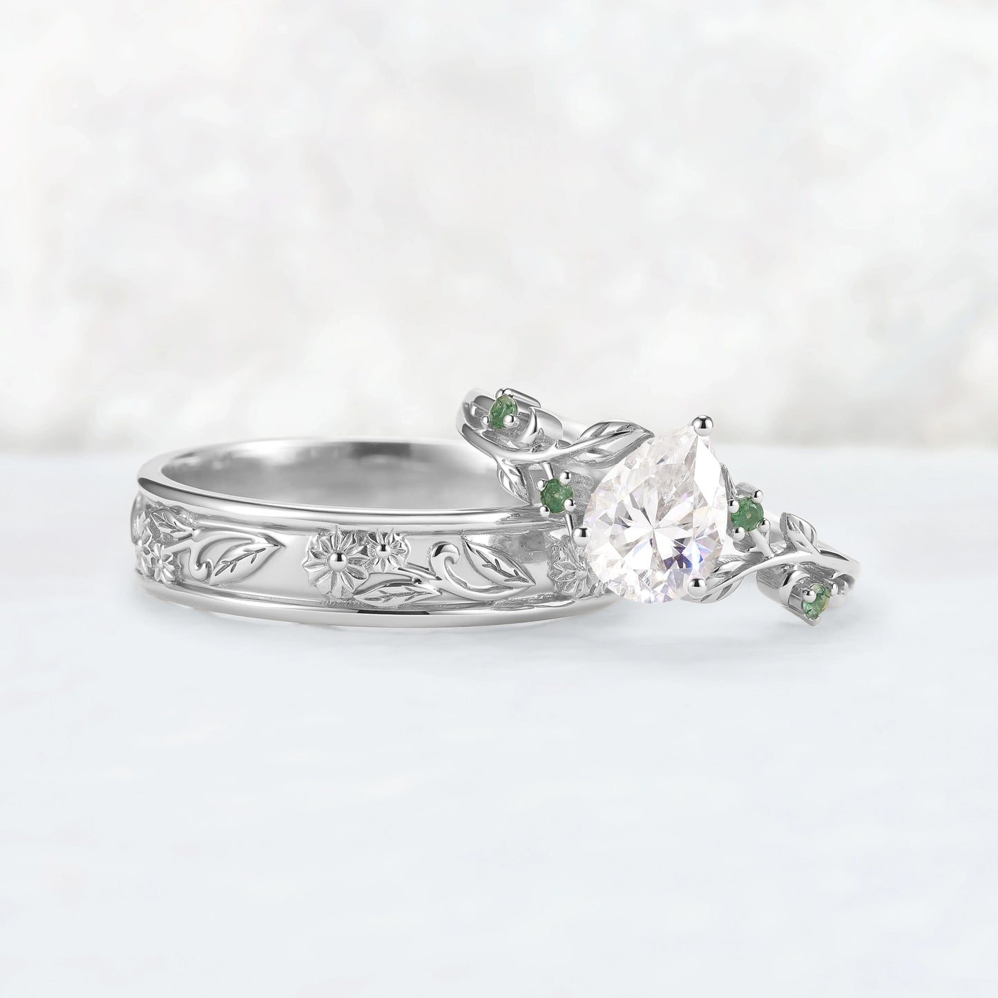Nature Inspired Pear Cut Moissanite Couple Ring Set with Leaf & Flower Bands | Flora Garden