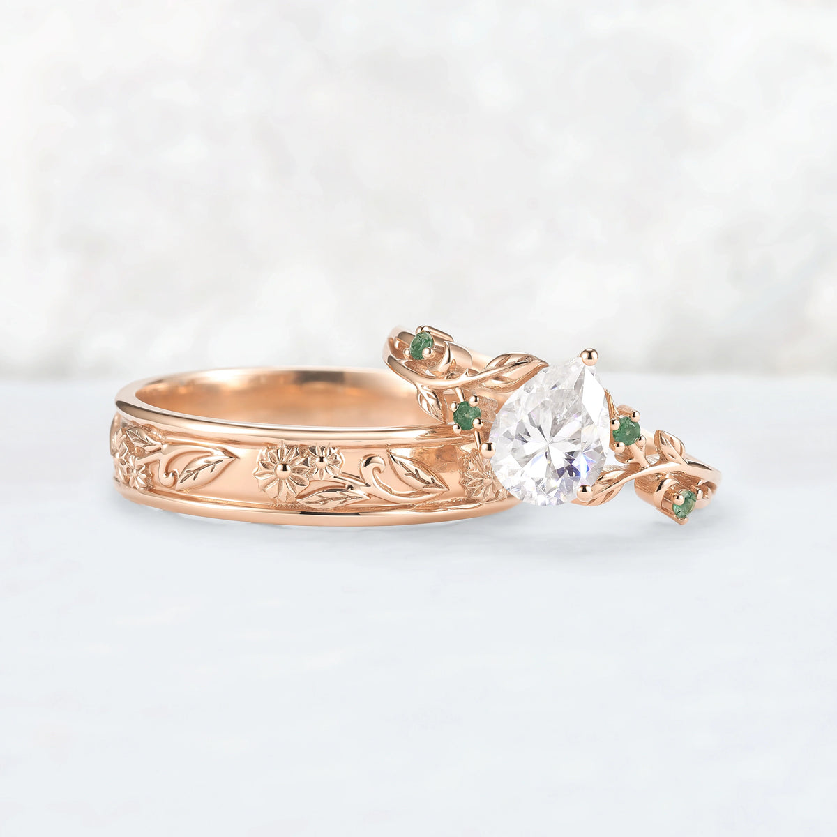 Nature Inspired Pear Cut Moissanite Couple Ring Set with Leaf & Flower Bands | Flora Garden