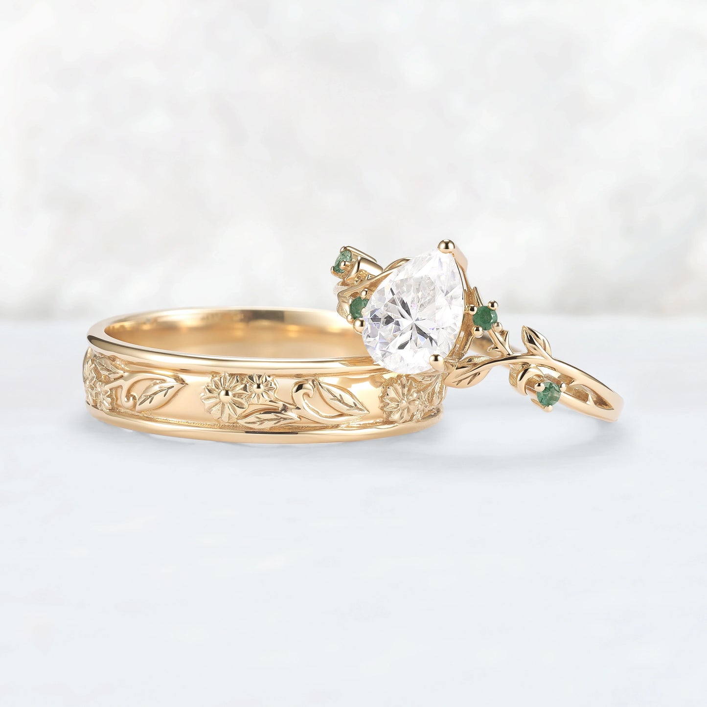 Nature Inspired Pear Cut Moissanite Couple Ring Set with Leaf & Flower Bands | Flora Garden