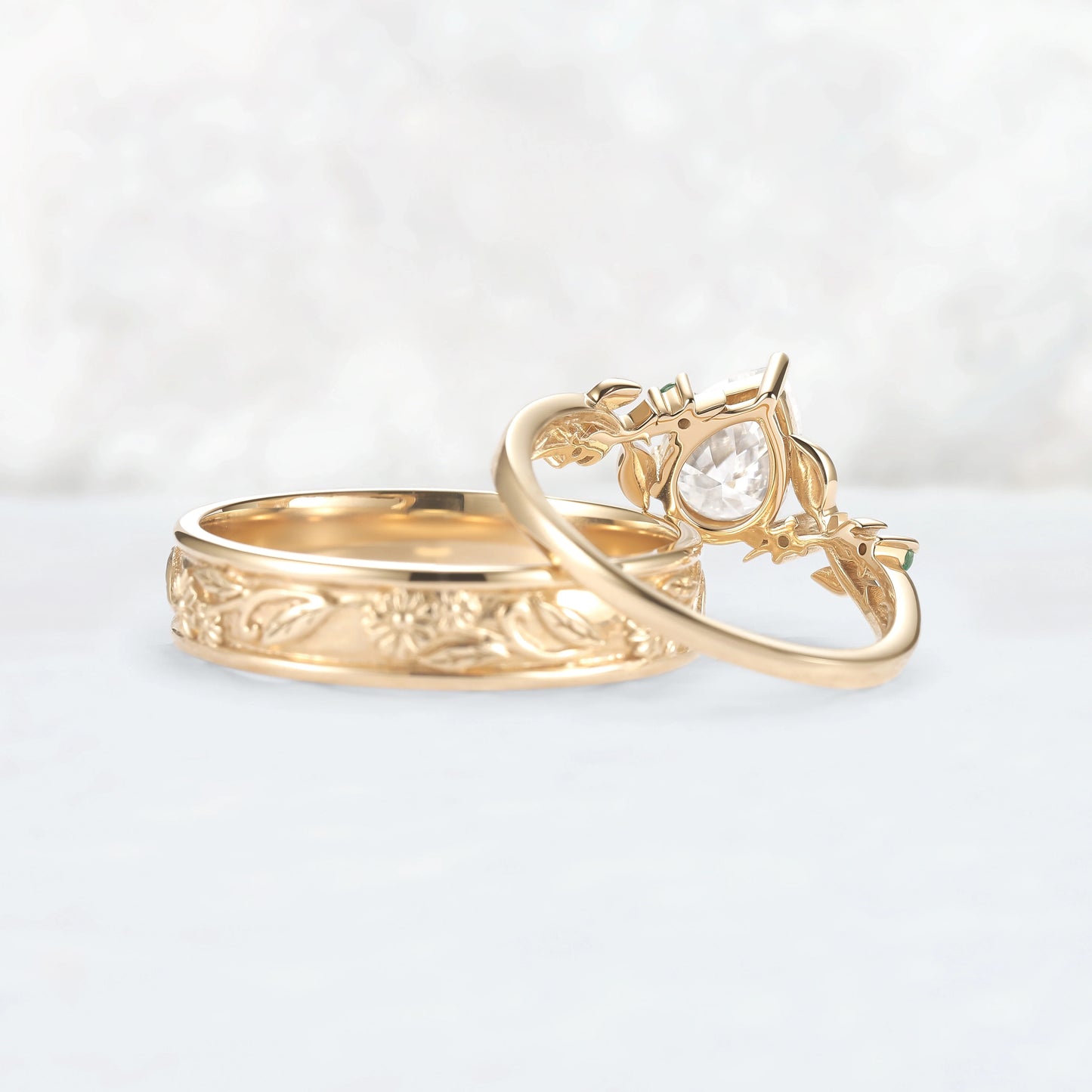 Nature Inspired Pear Cut Moissanite Couple Ring Set with Leaf & Flower Bands | Flora Garden
