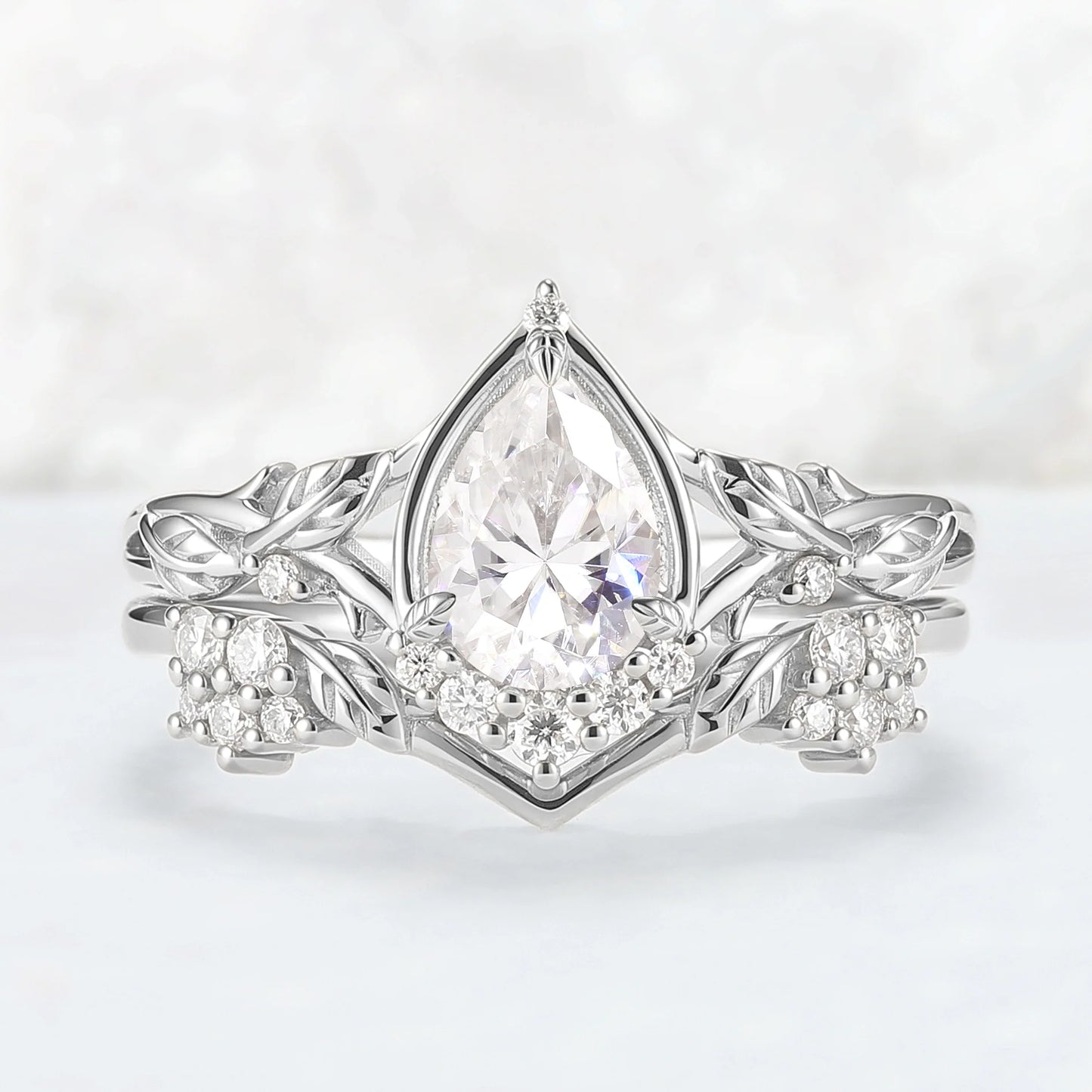 Nature Inspired Pear Cut Moissanite Leaves Gemstone Ring Set 2pcs