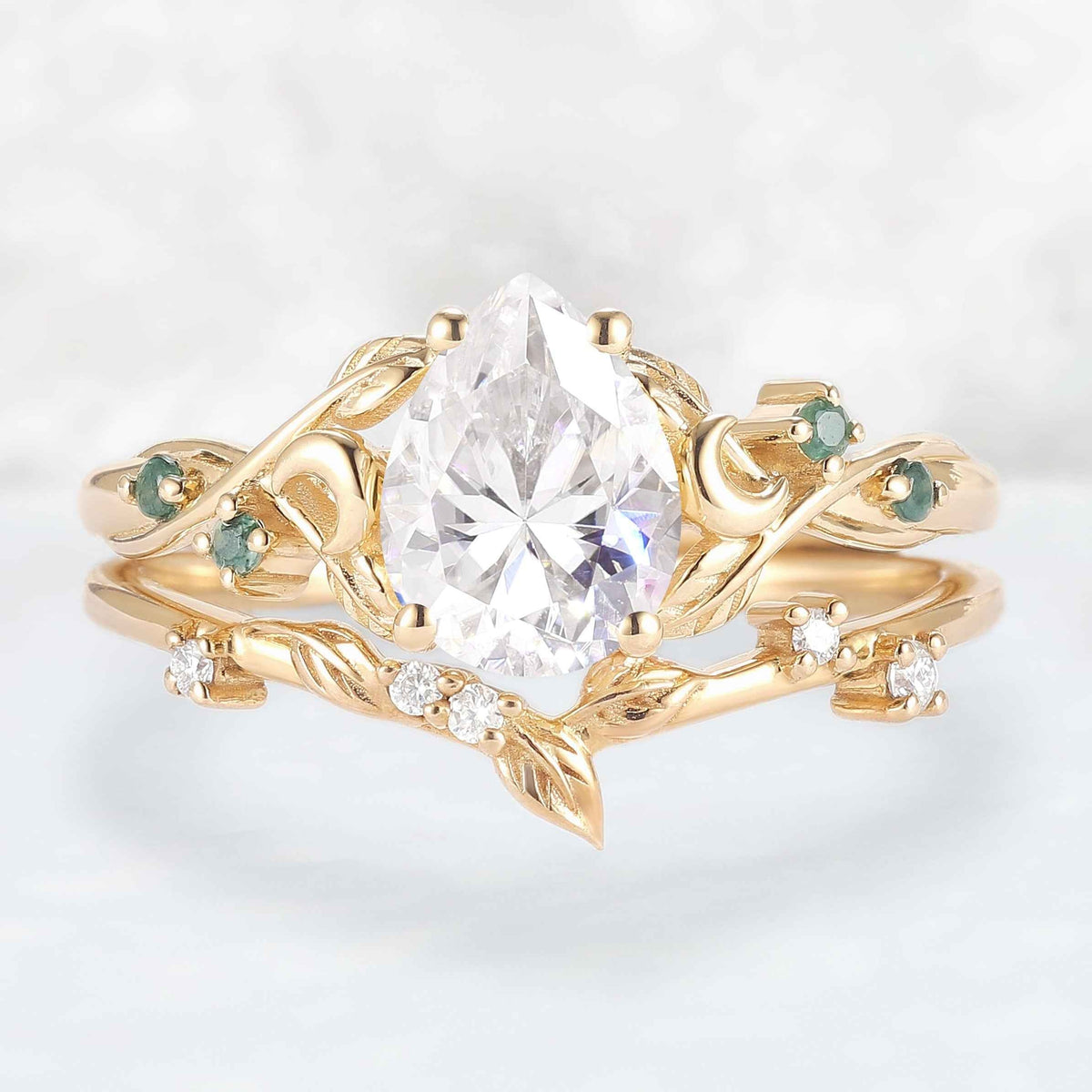 Nature Inspired Pear Cut Moissanite Moon Gemstone Ring Set 2pcs