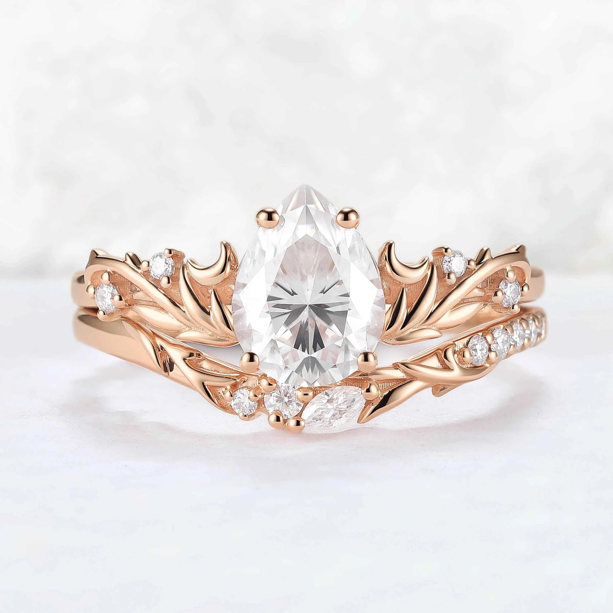 Nature Inspired Pear Cut Moissanite Tender Young Leaves and Moon Ring Set 2pcs