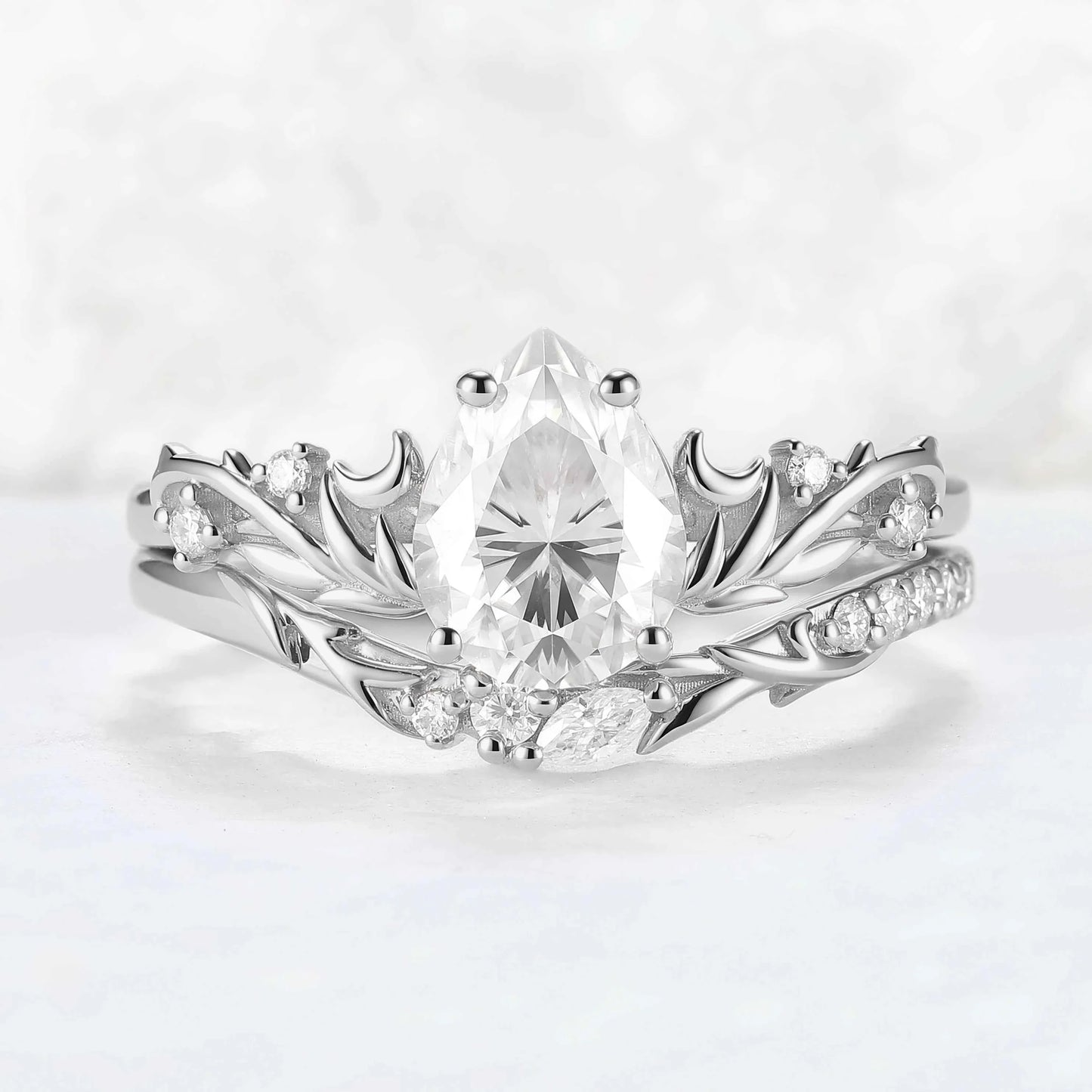 Nature Inspired Pear Cut Moissanite Tender Young Leaves and Moon Ring Set 2pcs