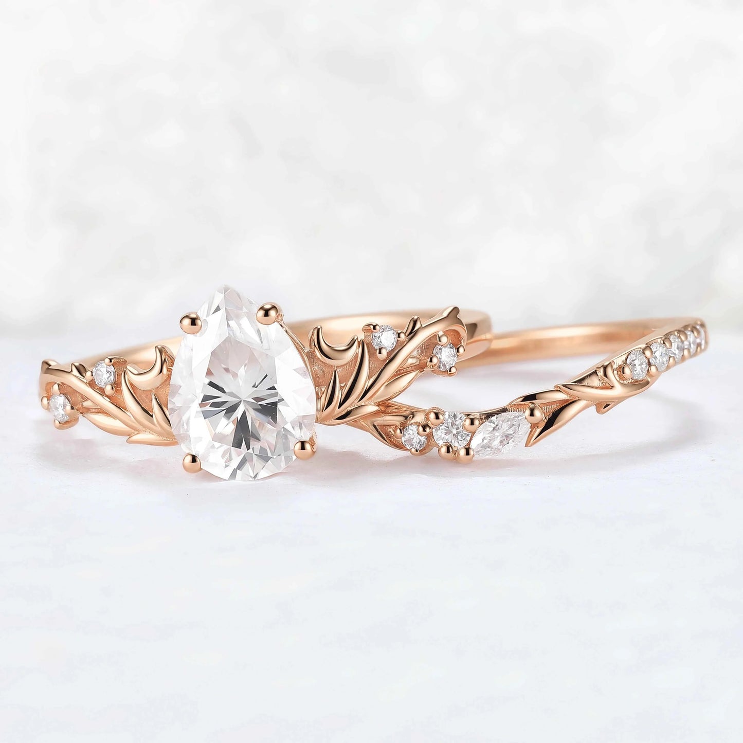 Nature Inspired Pear Cut Moissanite Tender Young Leaves and Moon Ring Set 2pcs