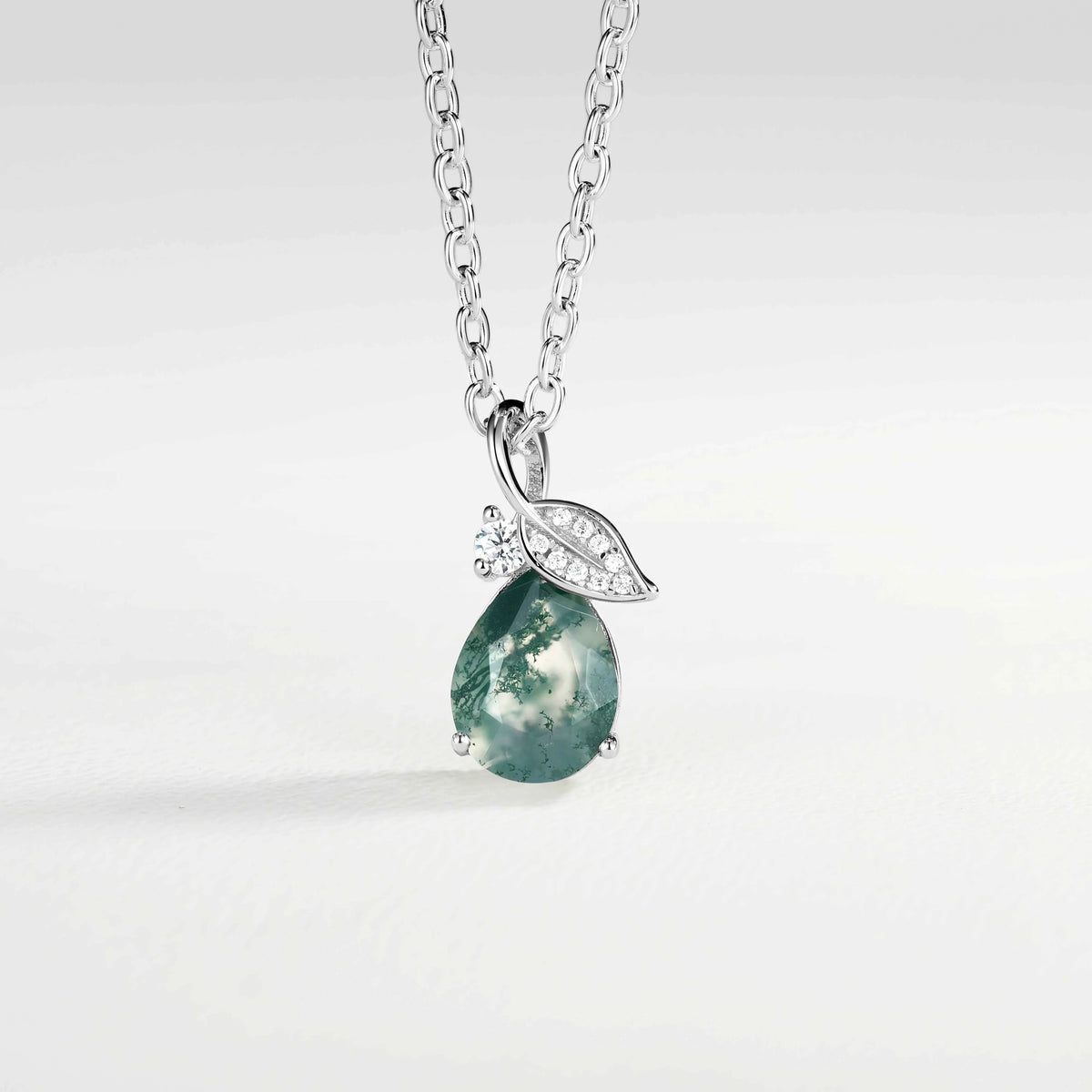Nature Inspired Pear Cut Moss Agate Leafy Pendant