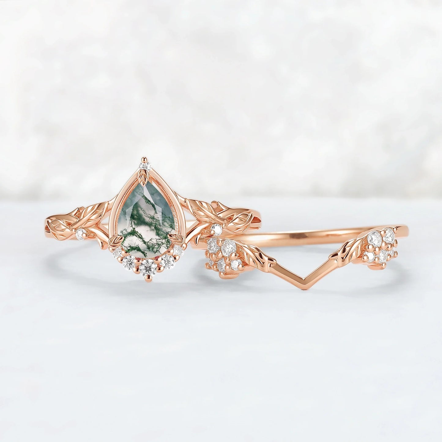 Nature Inspired Pear Cut Moss Agate Leaves Gemstone Ring Set 2pcs