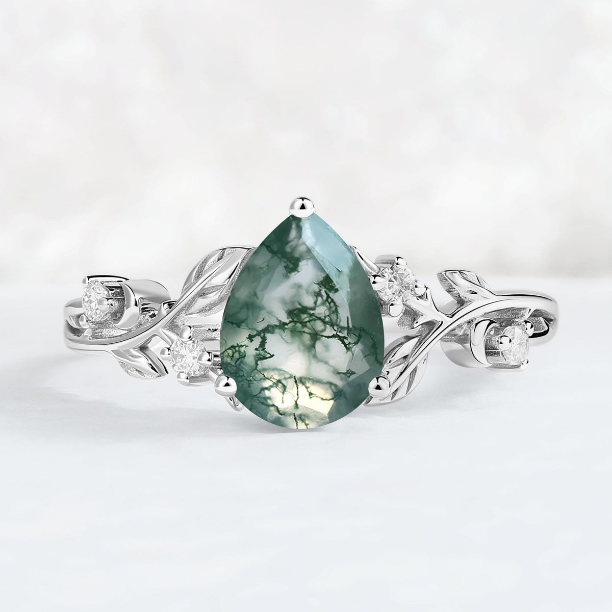 Nature Inspired Pear Cut Moss Agate Moon & Leafy Ring