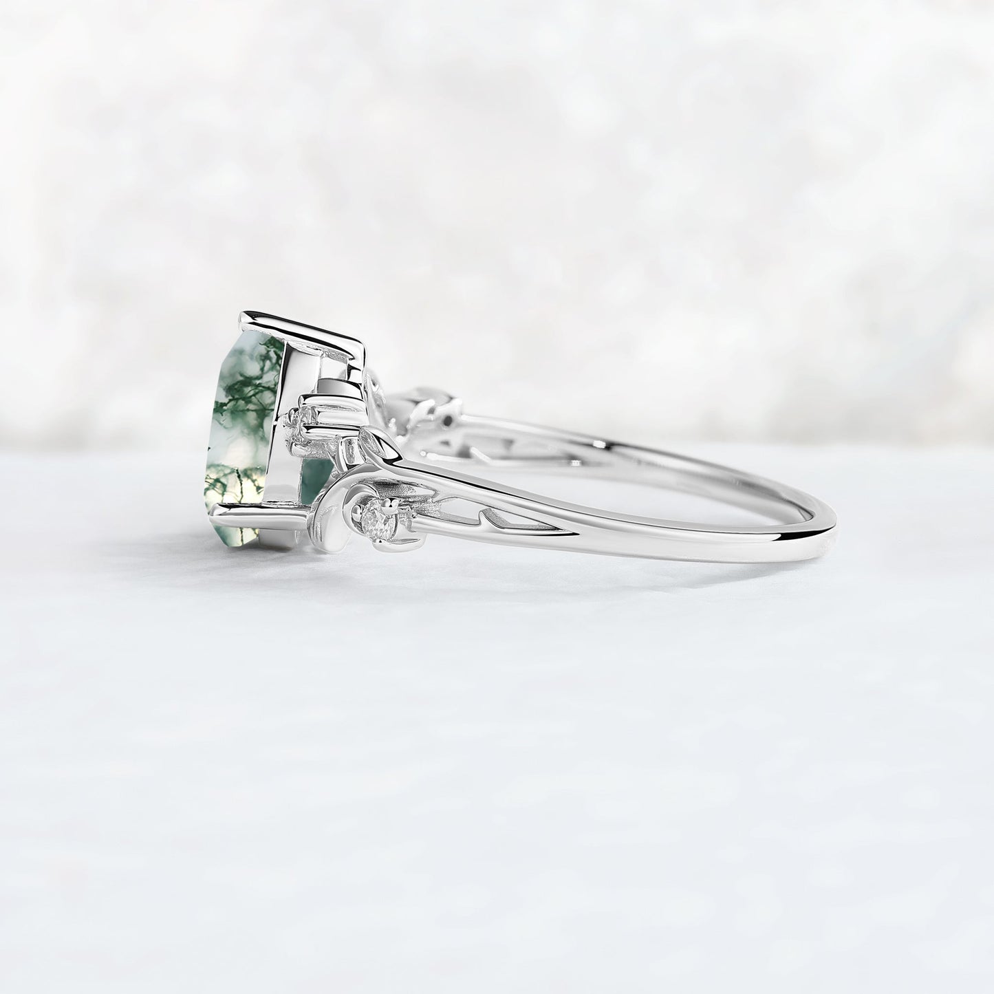 Nature Inspired Pear Cut Moss Agate Moon & Leafy Ring
