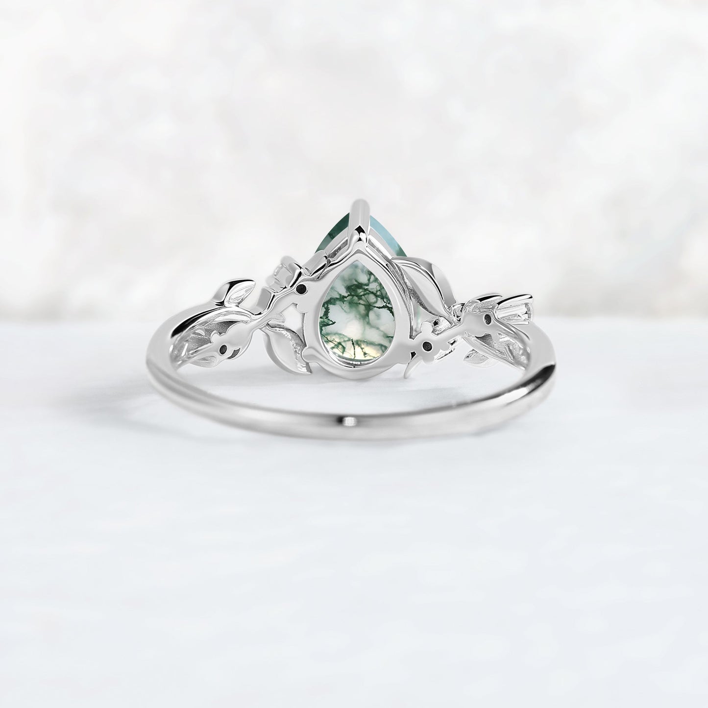 Nature Inspired Pear Cut Moss Agate Moon & Leafy Ring
