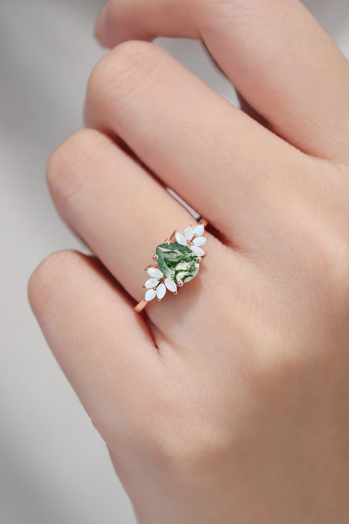 Nature Inspired Pear Cut Moss Agate Opal Petal Side Gemstone Ring
