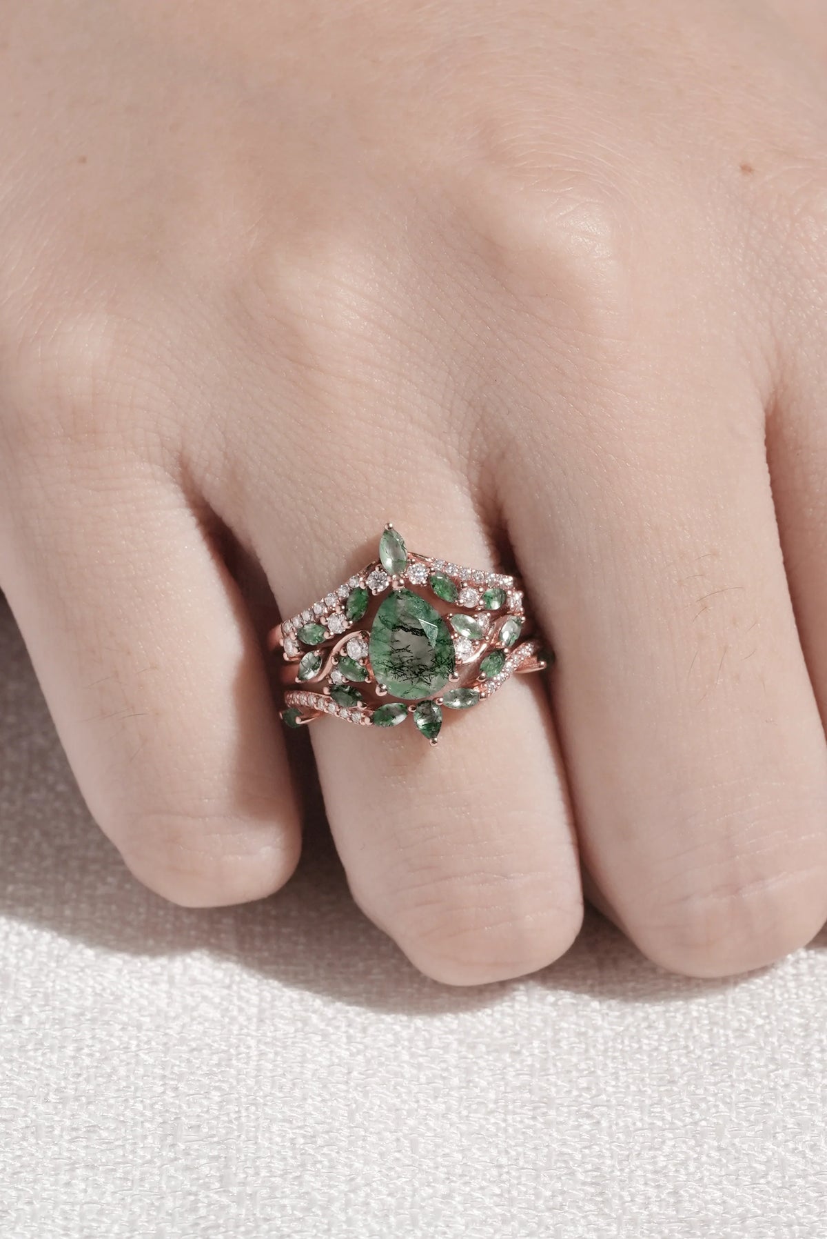 Nature Inspired Pear Cut Moss Agate Tree Shaped Gemstone Ring Set 3pcs