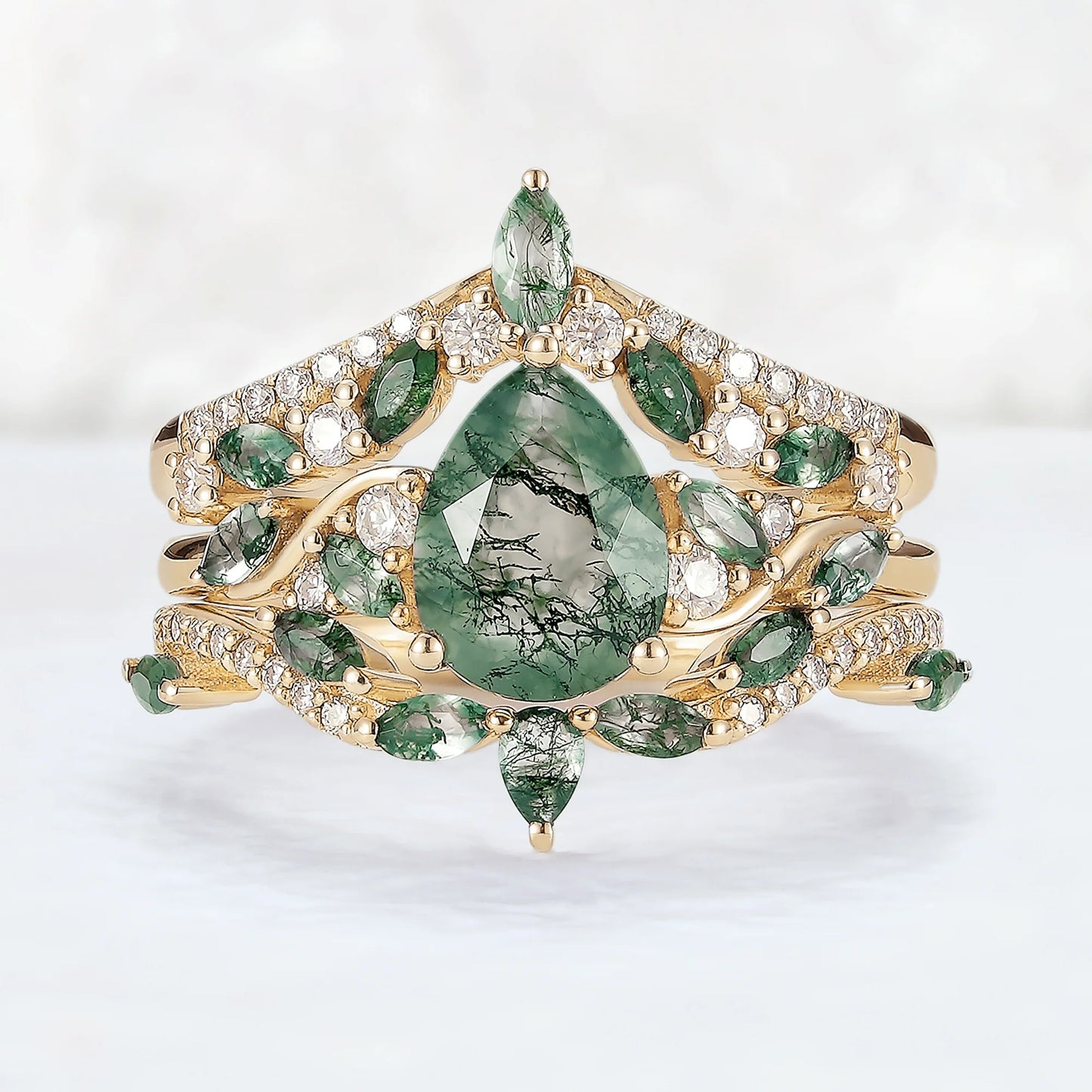 Nature Inspired Pear Cut Moss Agate Tree Shaped Gemstone Ring Set 3pcs