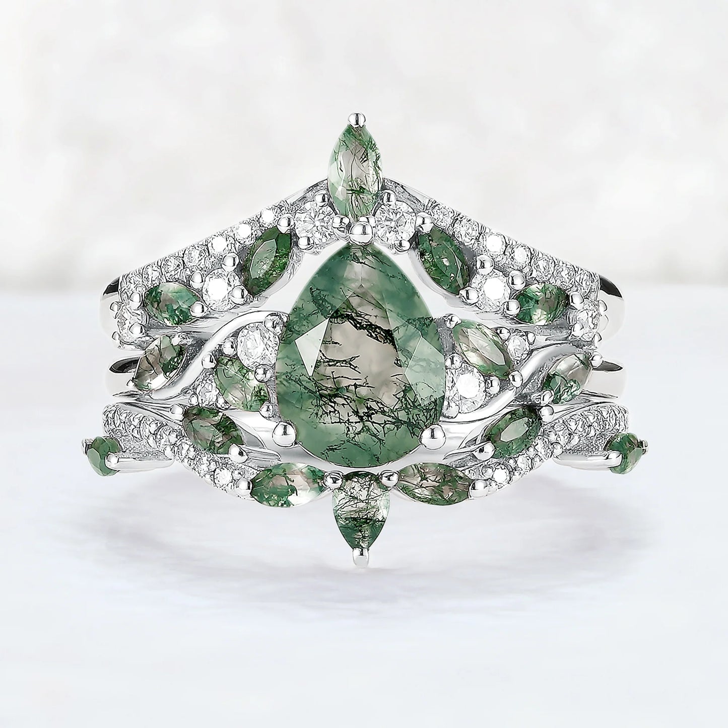 Nature Inspired Pear Cut Moss Agate Tree Shaped Gemstone Ring Set 3pcs