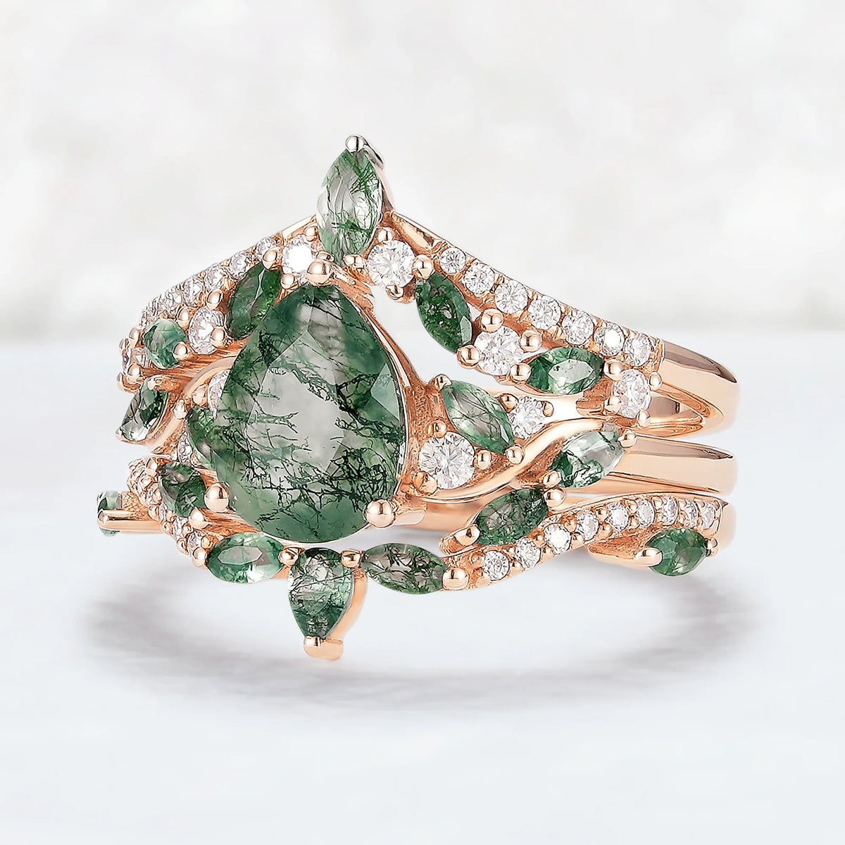 Nature Inspired Pear Cut Moss Agate Tree Shaped Gemstone Ring Set 3pcs