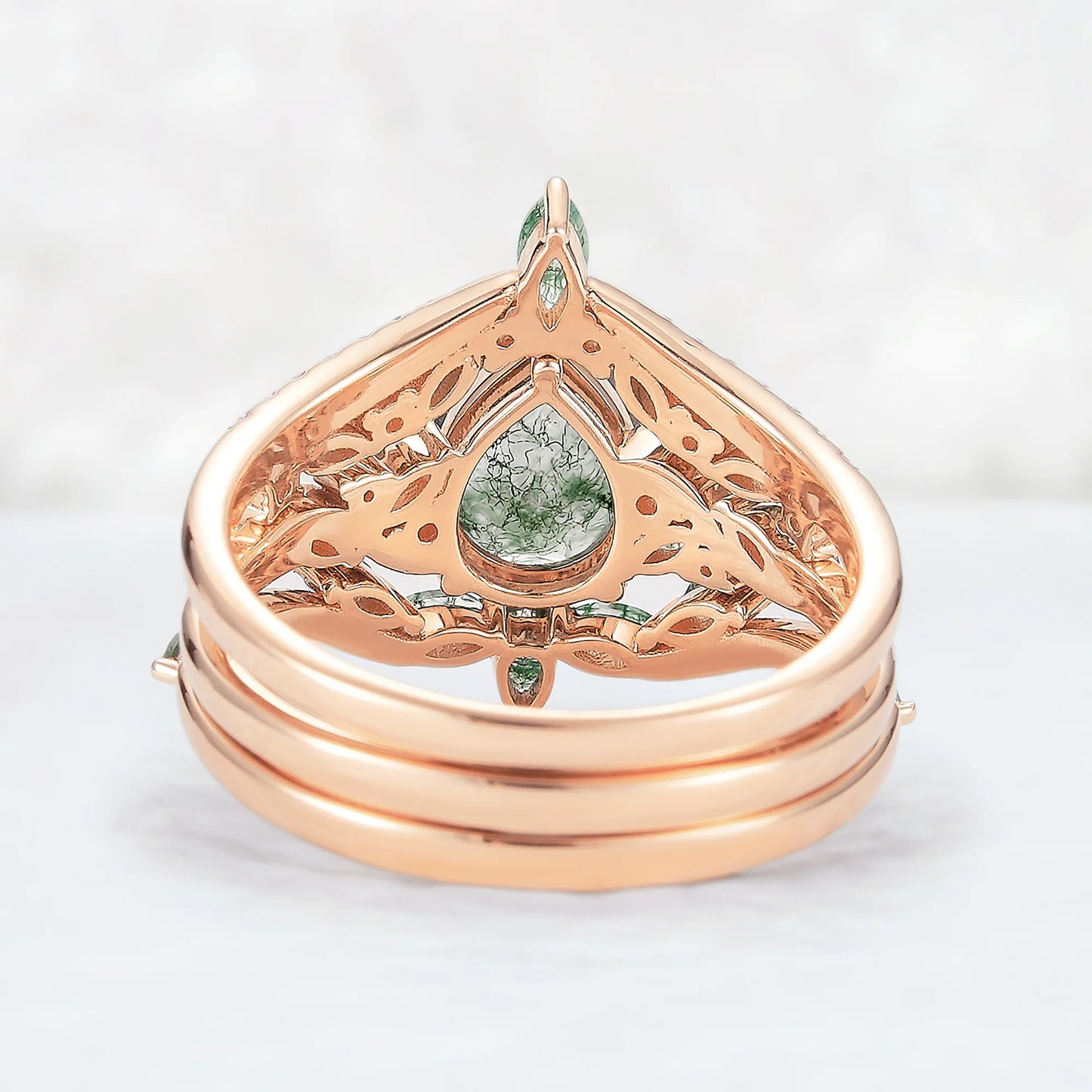 Nature Inspired Pear Cut Moss Agate Tree Shaped Gemstone Ring Set 3pcs