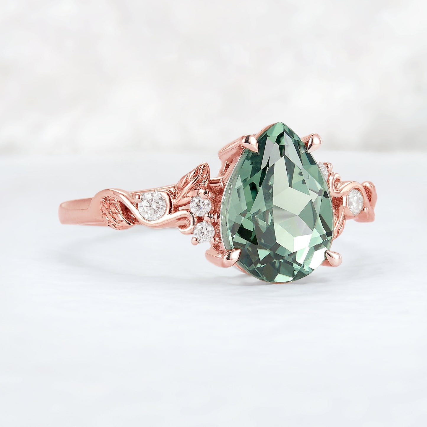 Nature Inspired Pear Cut Sapphire Leaf Gold Gemstone Ring