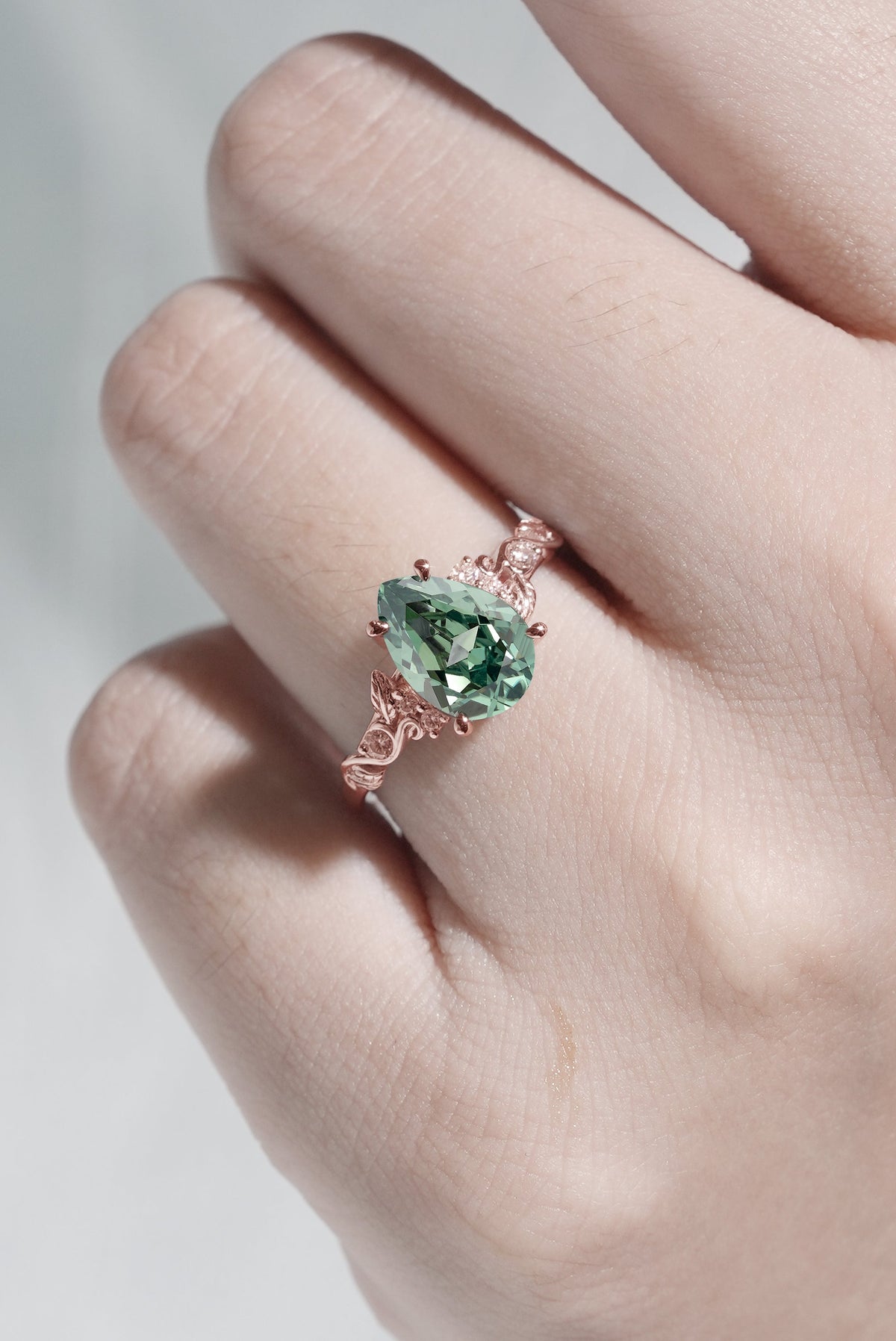 Nature Inspired Pear Cut Sapphire Leaf Gold Gemstone Ring