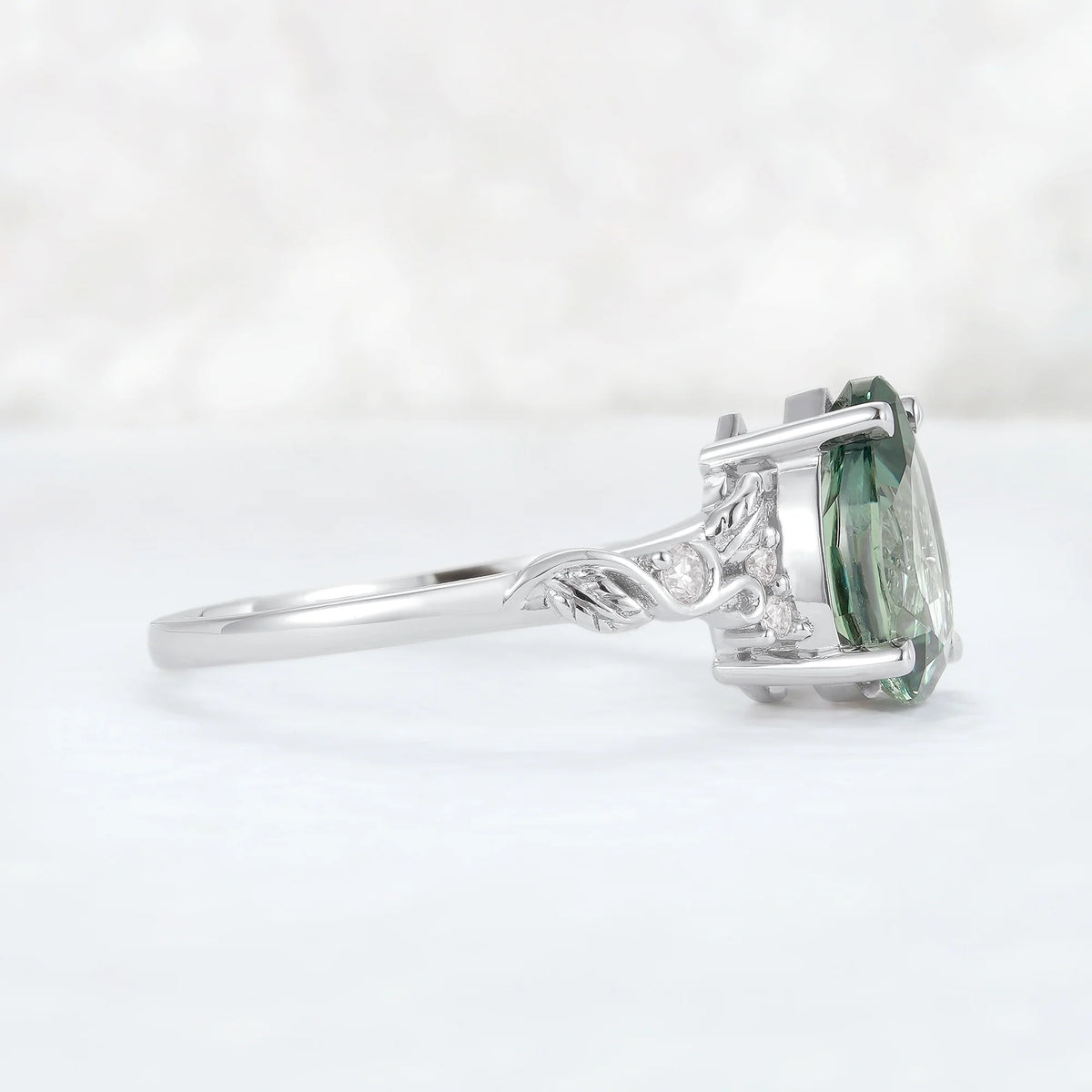 Nature Inspired Pear Cut Sapphire and Moissanite Silver Gemstone Ring