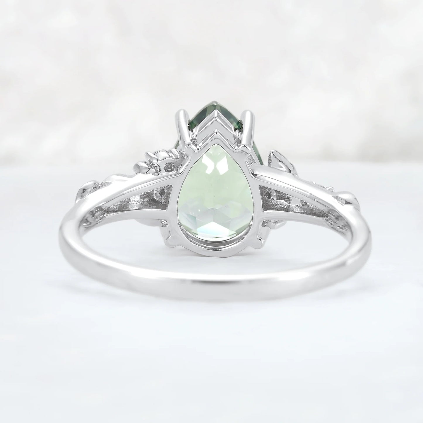 Nature Inspired Pear Cut Sapphire and Moissanite Silver Gemstone Ring