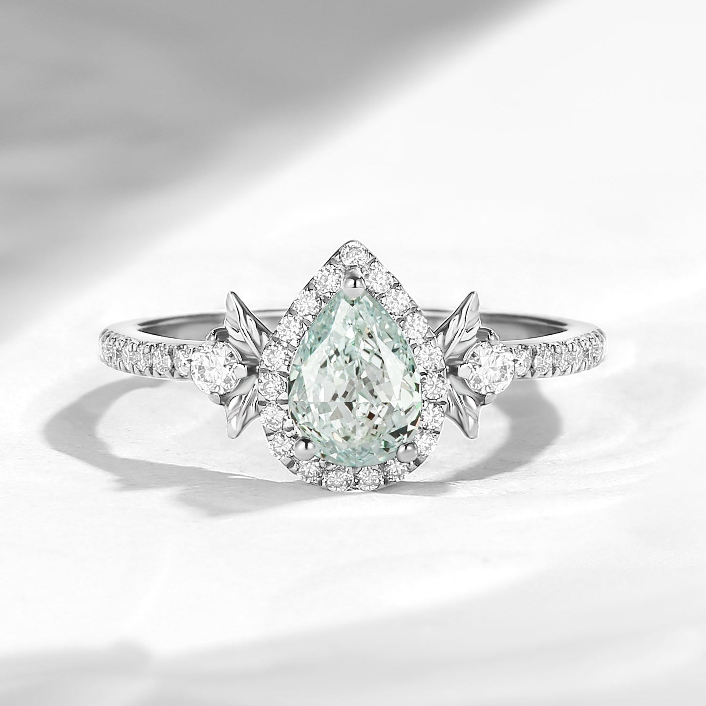 Nature Inspired Pear Shaped Lab Green Diamond 'Thorns & Roses' Halo Leaf Engagement Ring