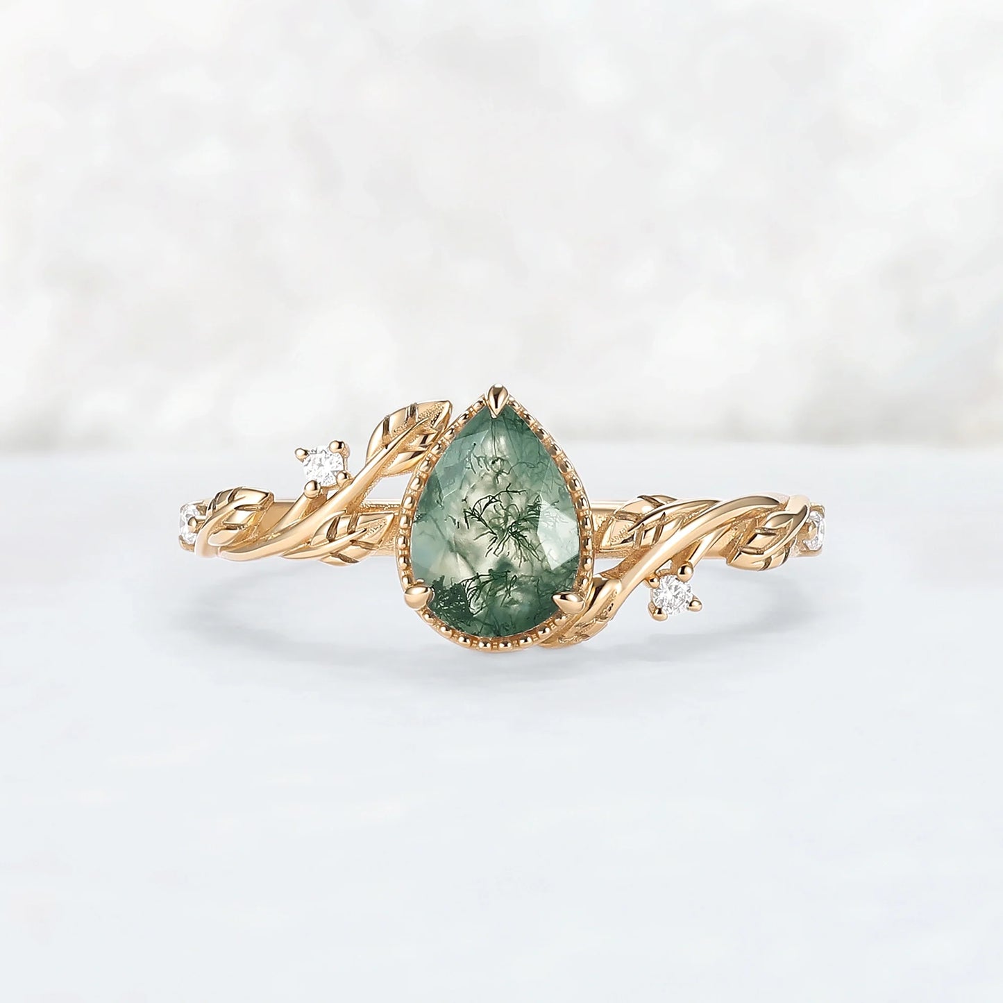Nature Inspired Pear Shaped Moss Agate with Moissanite Leafy Engagement Ring
