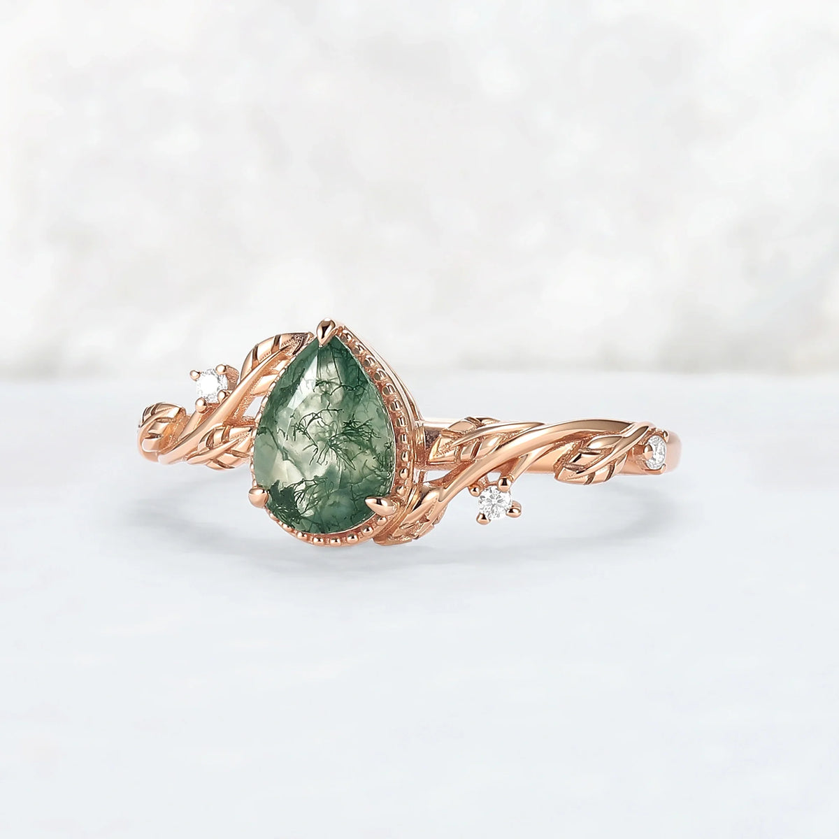 Nature Inspired Pear Shaped Moss Agate with Moissanite Leafy Engagement Ring