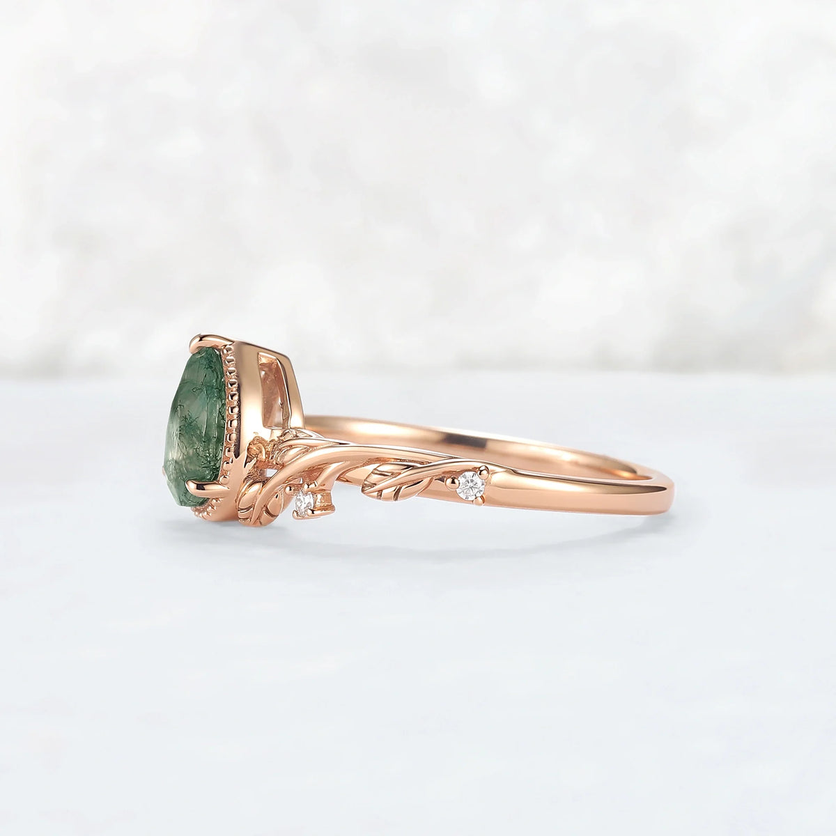 Nature Inspired Pear Shaped Moss Agate with Moissanite Leafy Engagement Ring