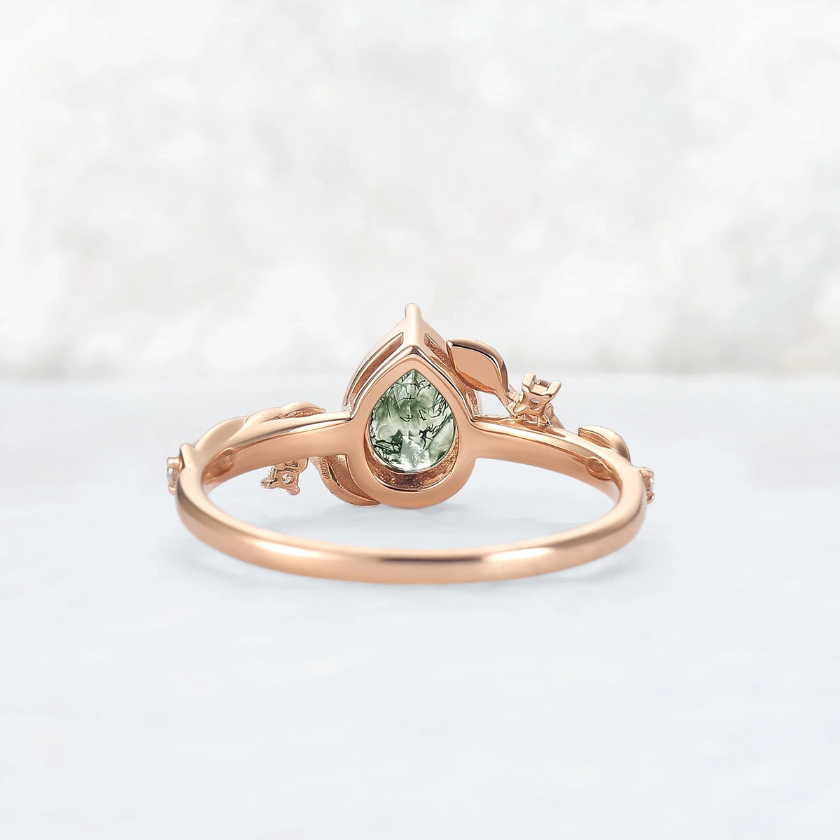 Nature Inspired Pear Shaped Moss Agate with Moissanite Leafy Engagement Ring
