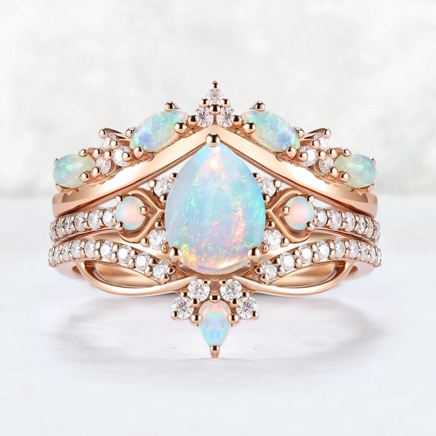 Nature Inspired Pear Shaped Natural Opal Gemstone Ring Set 3pcs
