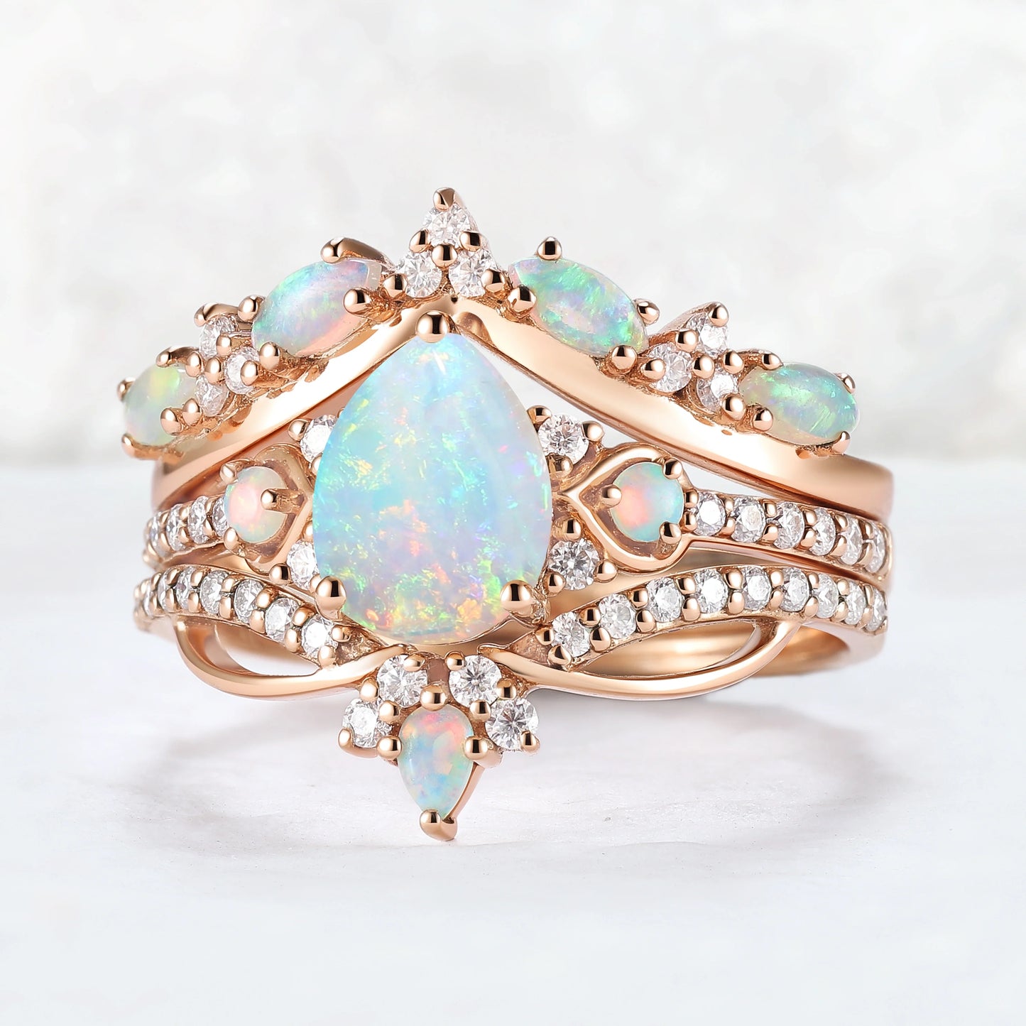 Nature Inspired Pear Shaped Natural Opal Gemstone Ring Set 3pcs