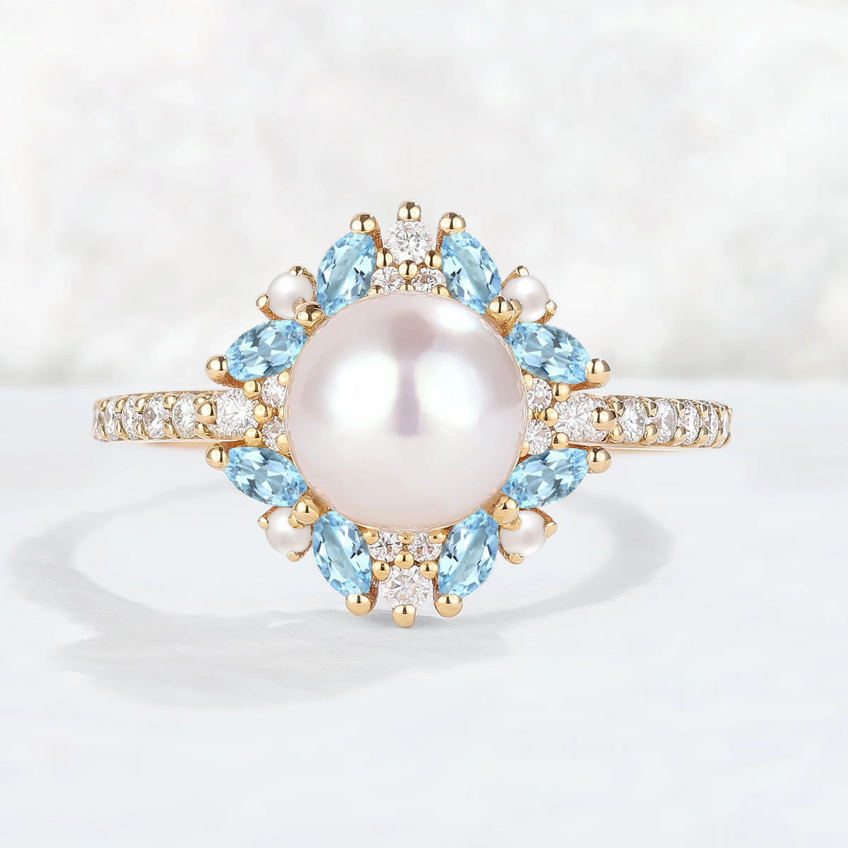 Nature Inspired Pearl and Aquamarine Half Enternityn Gemstone Ring