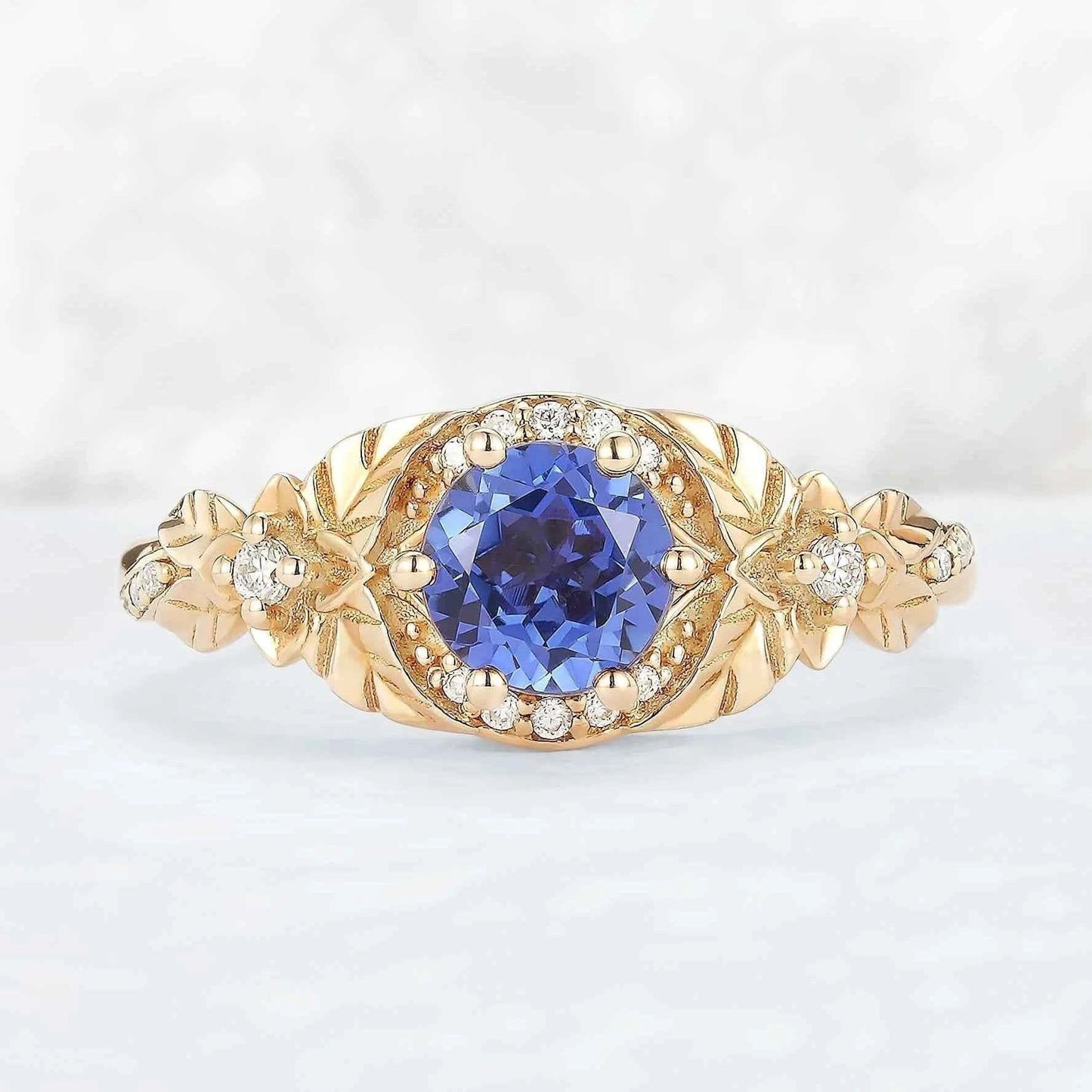 Nature Inspired Round Cut Cornflower Sapphire Gemstone Ring