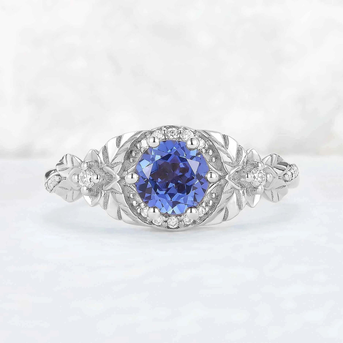 Nature Inspired Round Cut Cornflower Sapphire Gemstone Ring