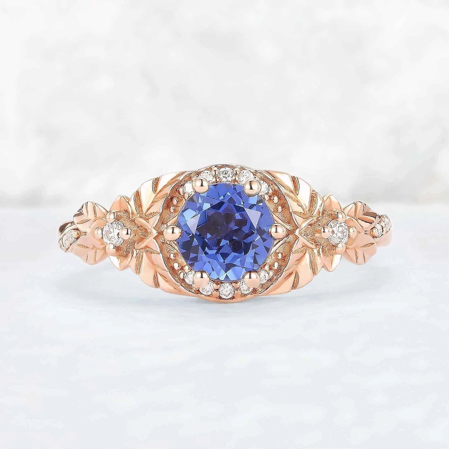Nature Inspired Round Cut Cornflower Sapphire Gemstone Ring