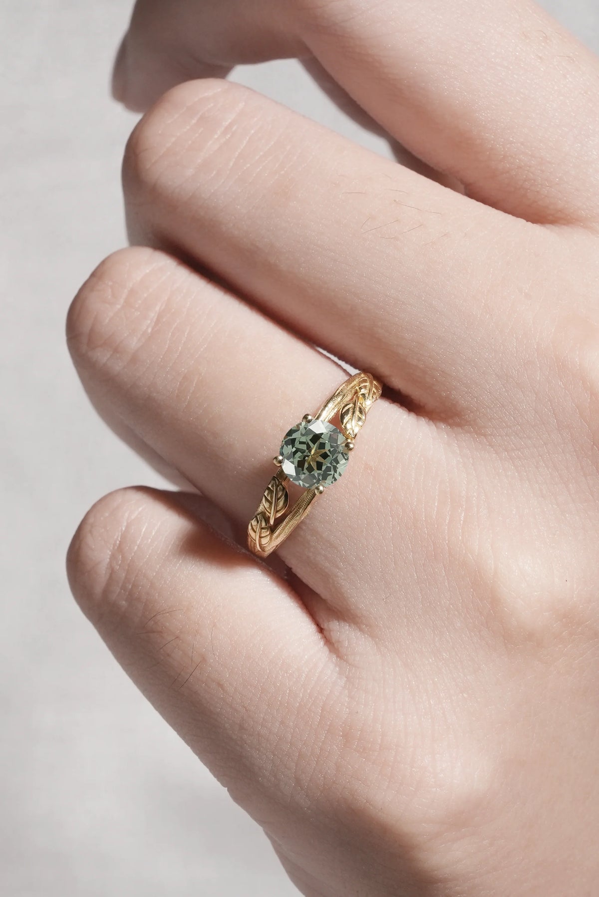 Nature Inspired Round Cut Lab Green Sapphire Gemstone Ring
