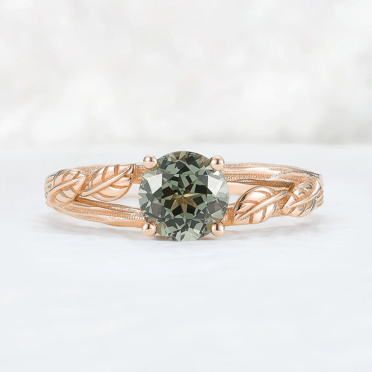 Nature Inspired Round Cut Lab Green Sapphire Gemstone Ring