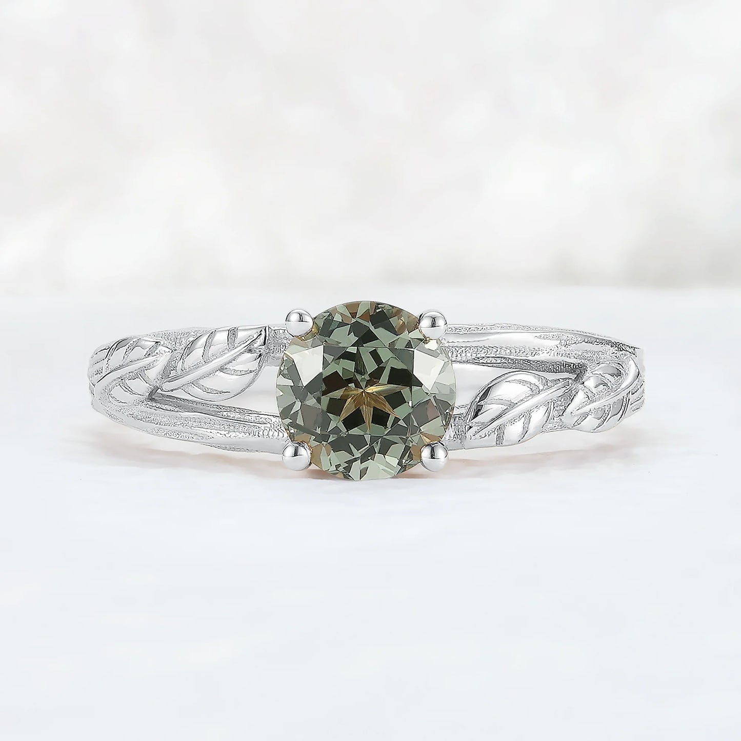 Nature Inspired Round Cut Lab Green Sapphire Gemstone Ring