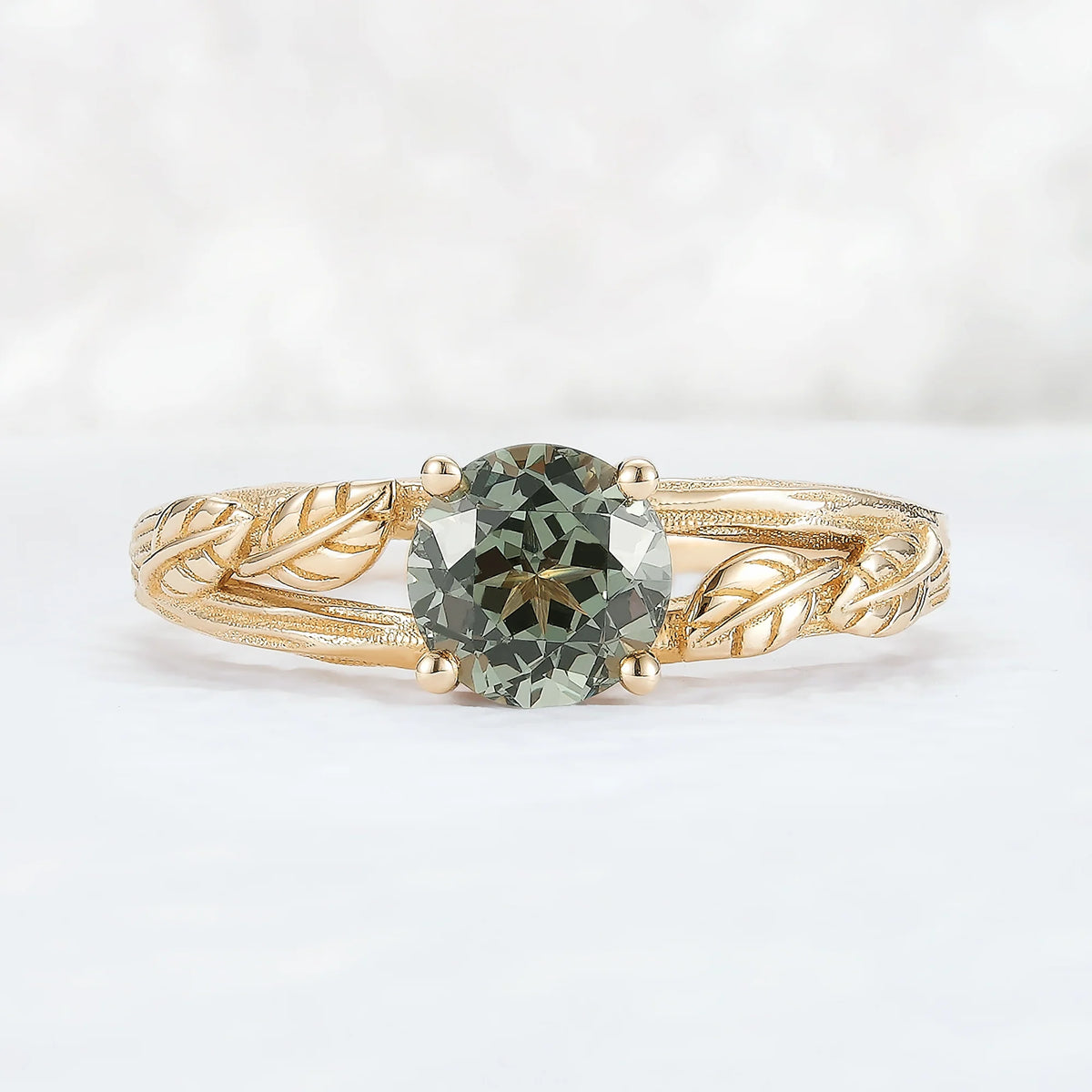 Nature Inspired Round Cut Lab Green Sapphire Gemstone Ring