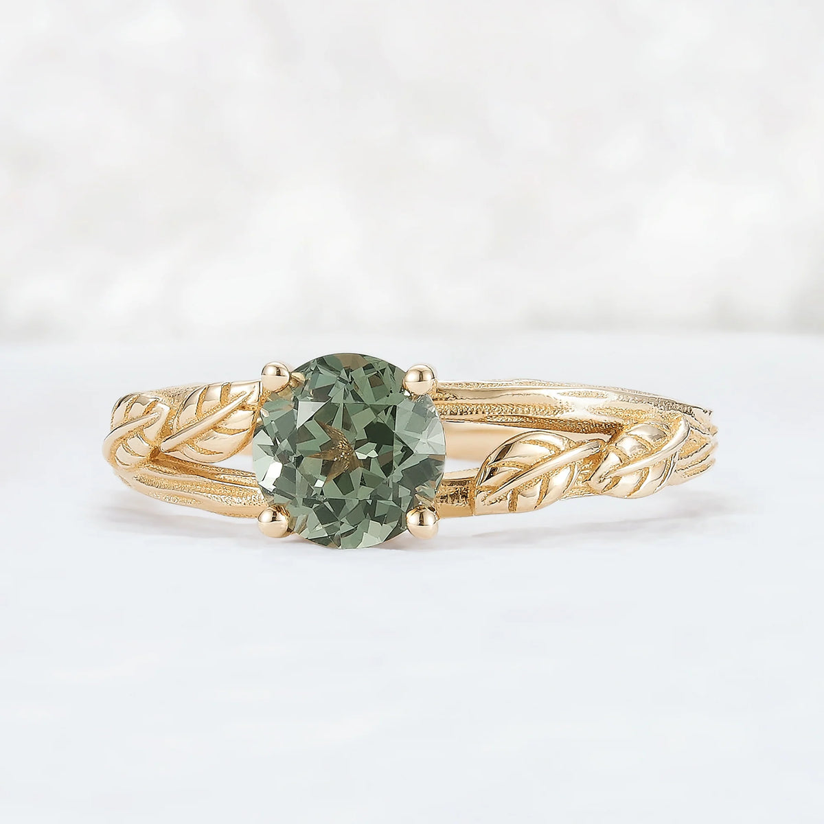 Nature Inspired Round Cut Lab Green Sapphire Gemstone Ring