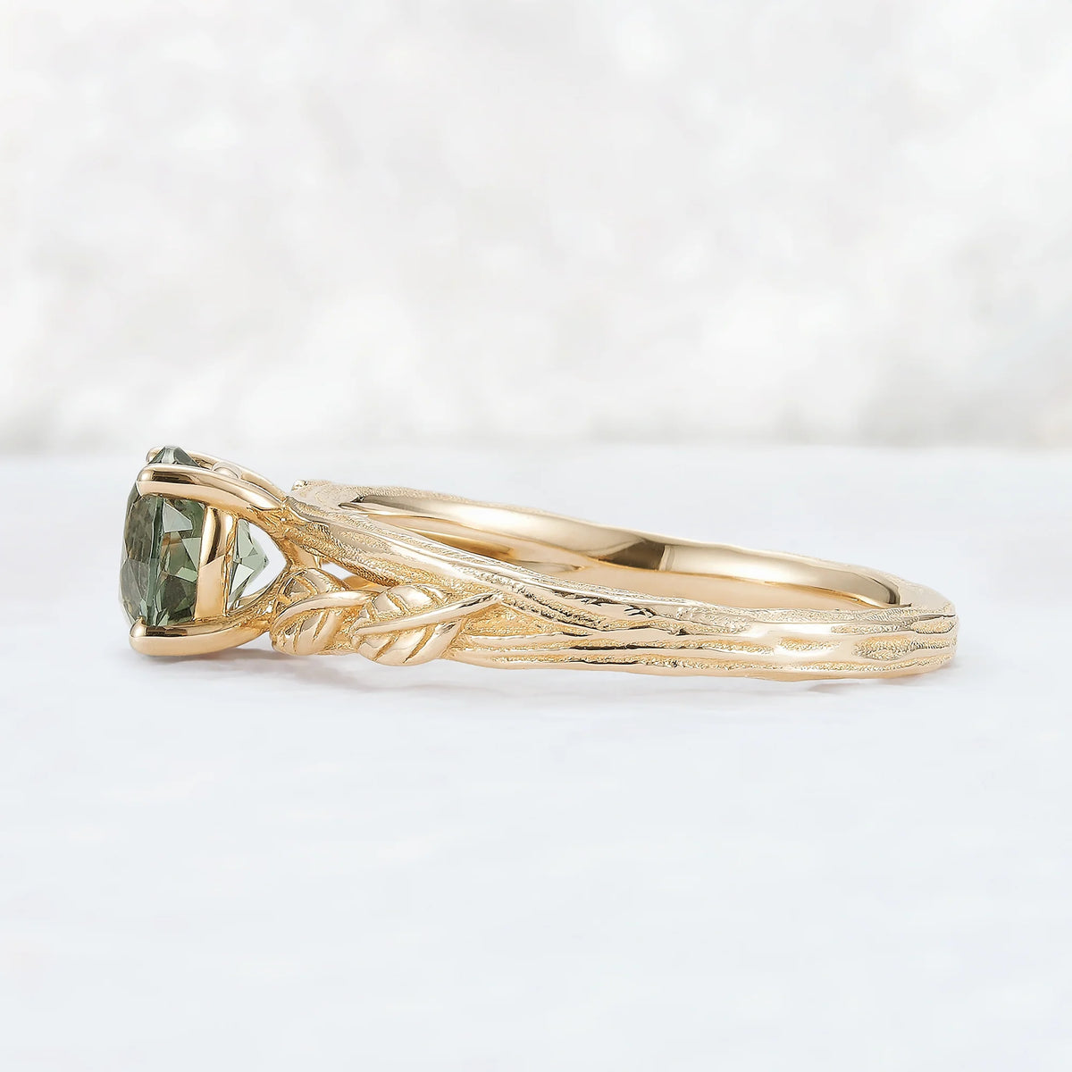 Nature Inspired Round Cut Lab Green Sapphire Gemstone Ring