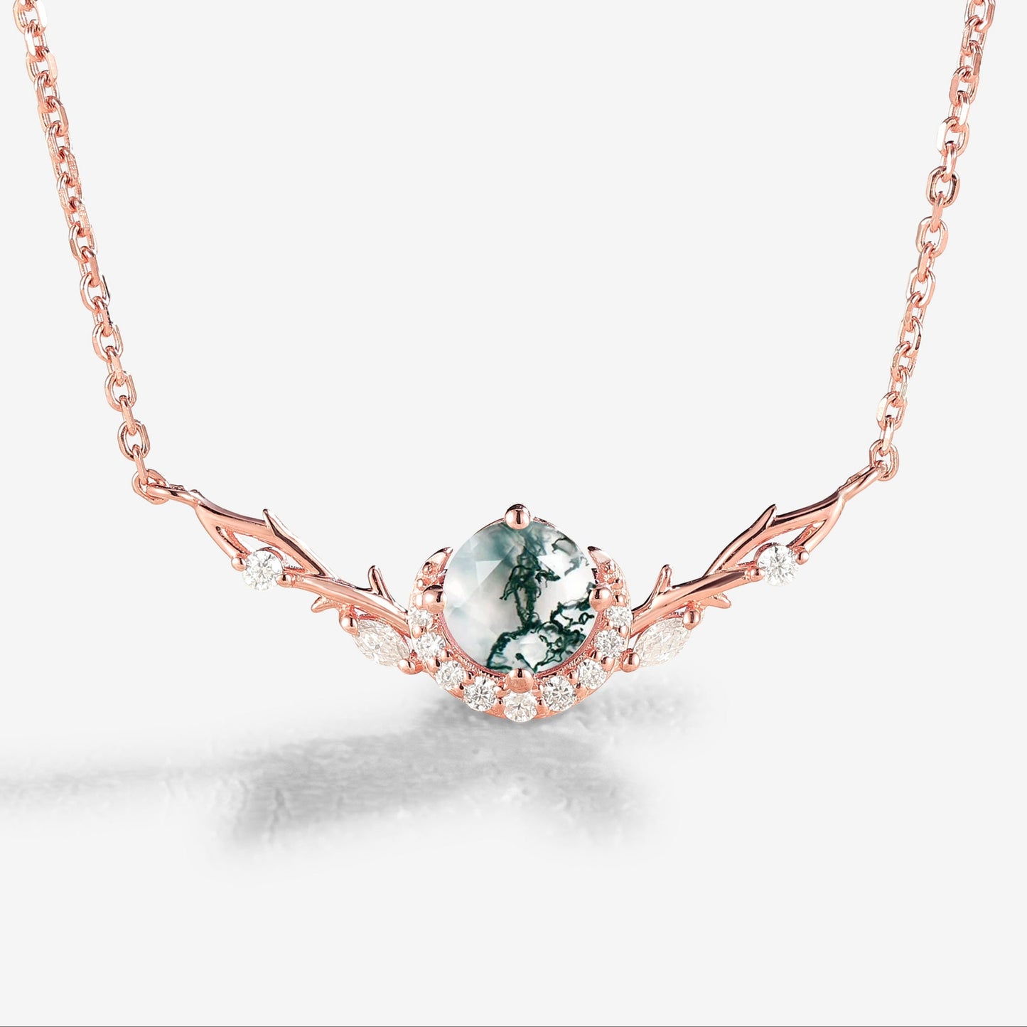 Nature Inspired Round Cut Moss Agate Vine Necklace