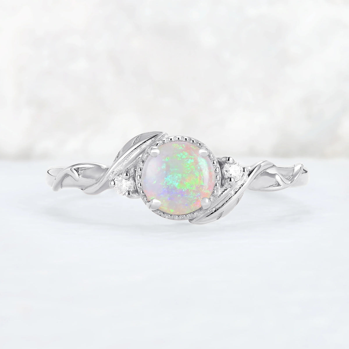 Nature Inspired Round Opal Leafy Twisted Gemstone Ring Set 2pcs