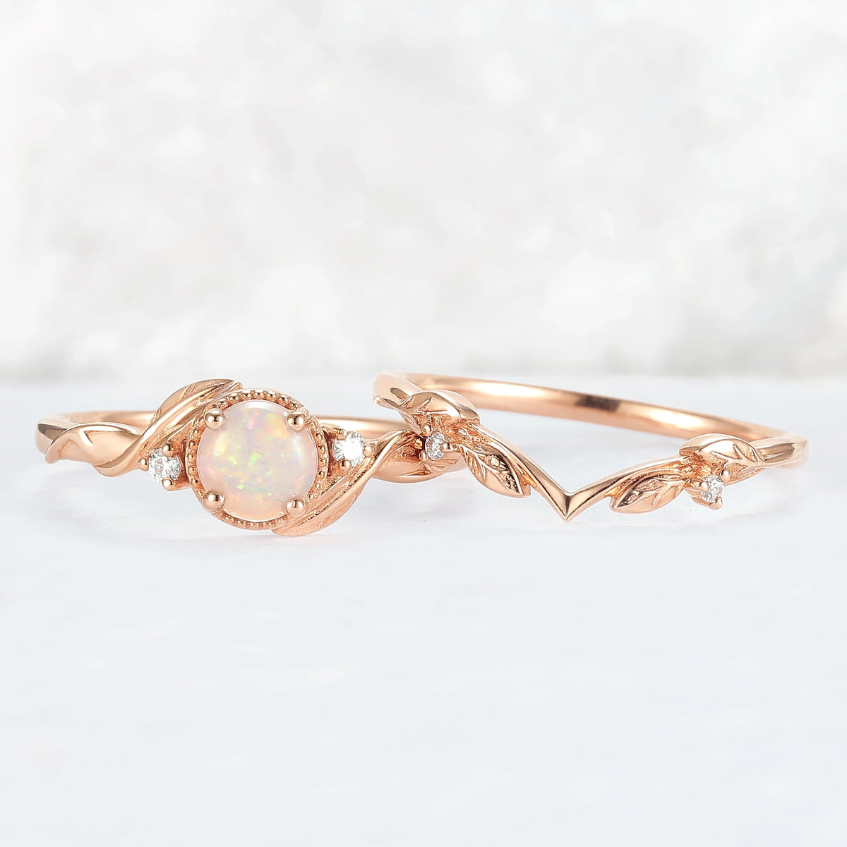 Nature Inspired Round Opal Leafy Twisted Gemstone Ring Set 2pcs