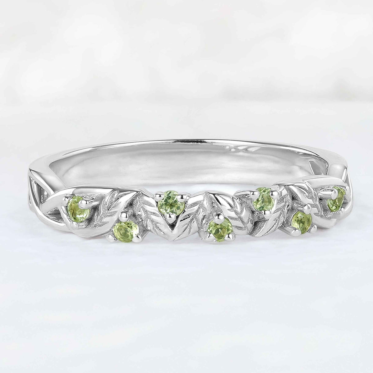 Nature Inspired Round Cut Peridot Willow Leaves Silver Stacking Ring